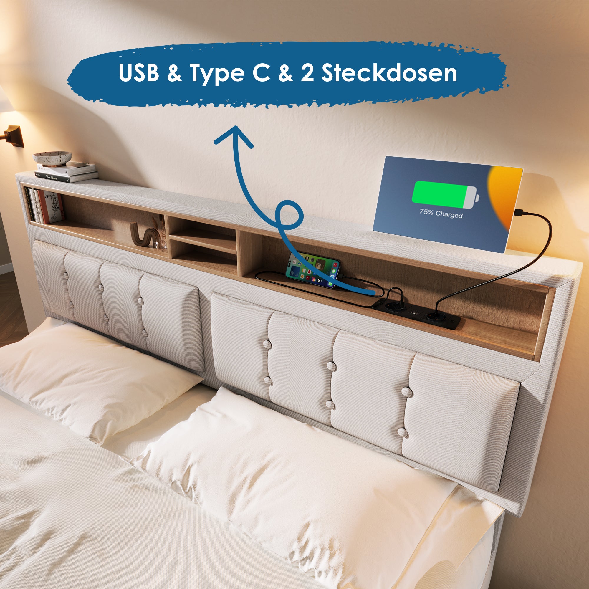 Lit coffre 160 x 200 cm avec tête de lit rangement - USB - tissu en lin - beige - 3
