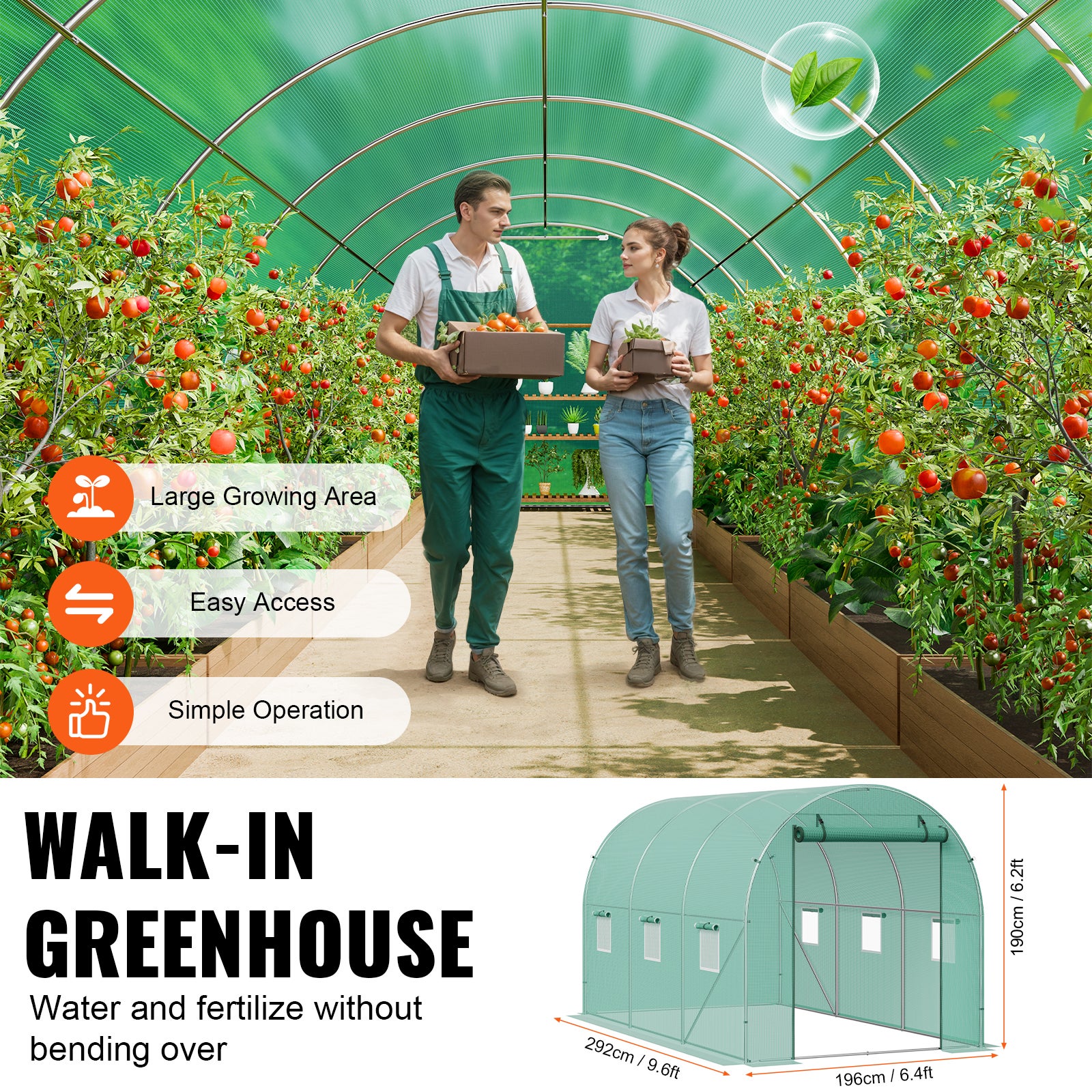 Serre Tunnel Jardin,VEVOR 292x196x190 cm,Tente Abri Plantes avec Cadre en Acier Galvanisé,Couverture en PE Verte,Porte à Glissière Enroulable - 5