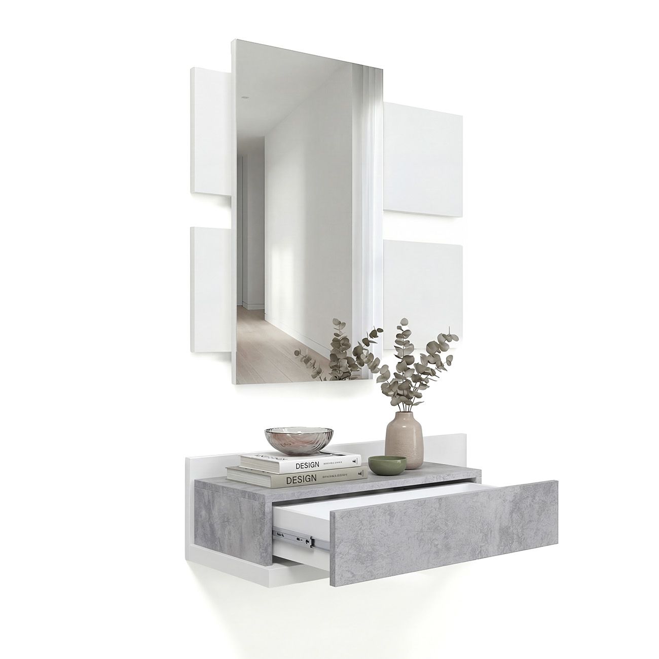 Duehome  Mueble Recibidor Con 1 Cajón Y Espejo En Mate Y Cemento 75 Cm Milo Artik ( Mate), Cemento 75 X 116 X 29 Cm Blanco/Gris , Leroy Merlin