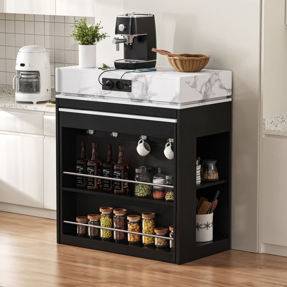 Isla de cocina con mesa extensible - 83-146,5 x 46 x 96 cm - mueble de bar con enchufes y espacio de almacenamiento - negro