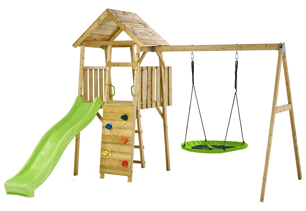 Structure De Jeux Intérieure 5 En 1 En Bois - Balançoire, Toboggan, échelle, Mur D'escalade - Enfant 80 Kg Max - 6