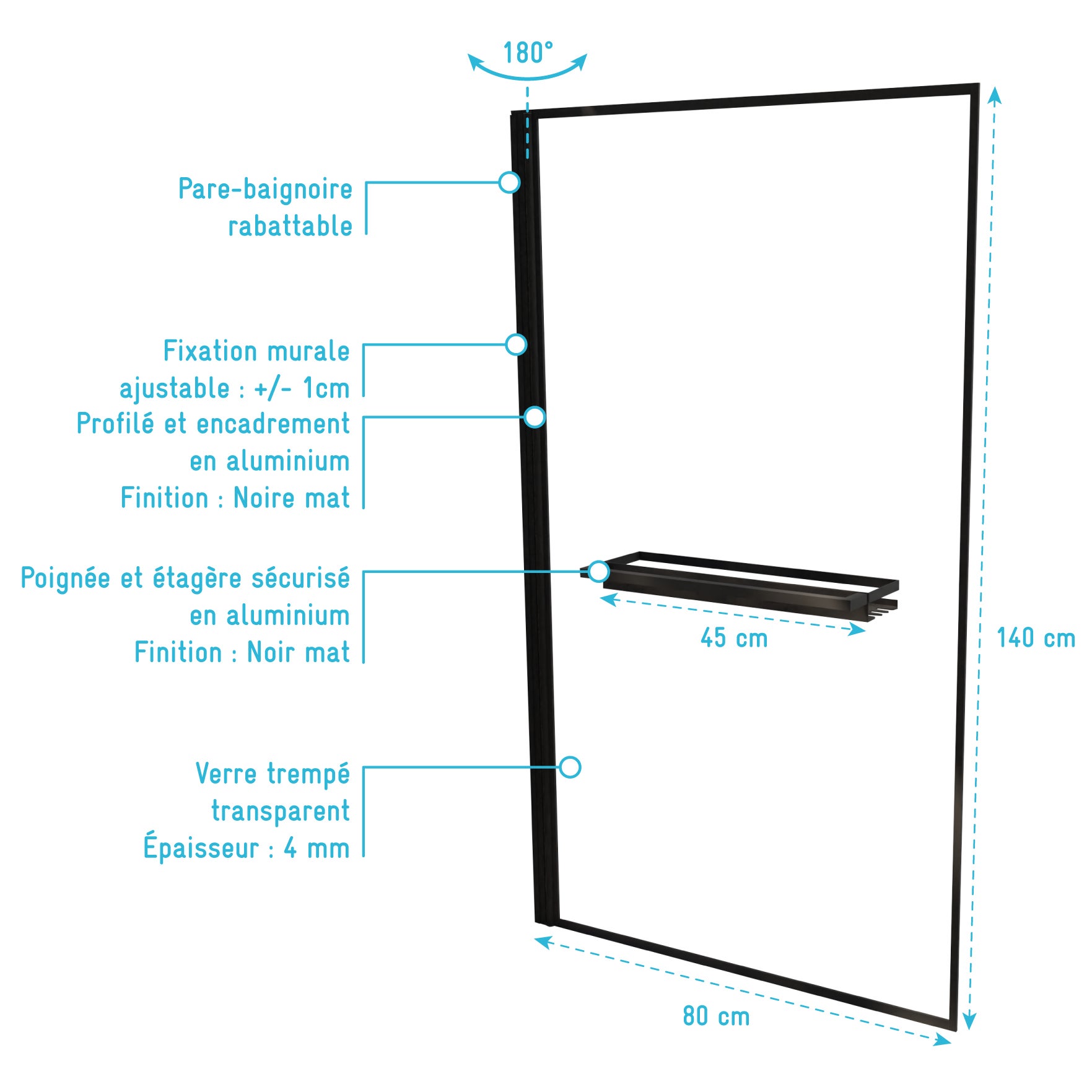 Pare baignoire Rabattable 80x140 cm en Verre Trempé - Porte-Serviette et Etagère Noir Mat - 4