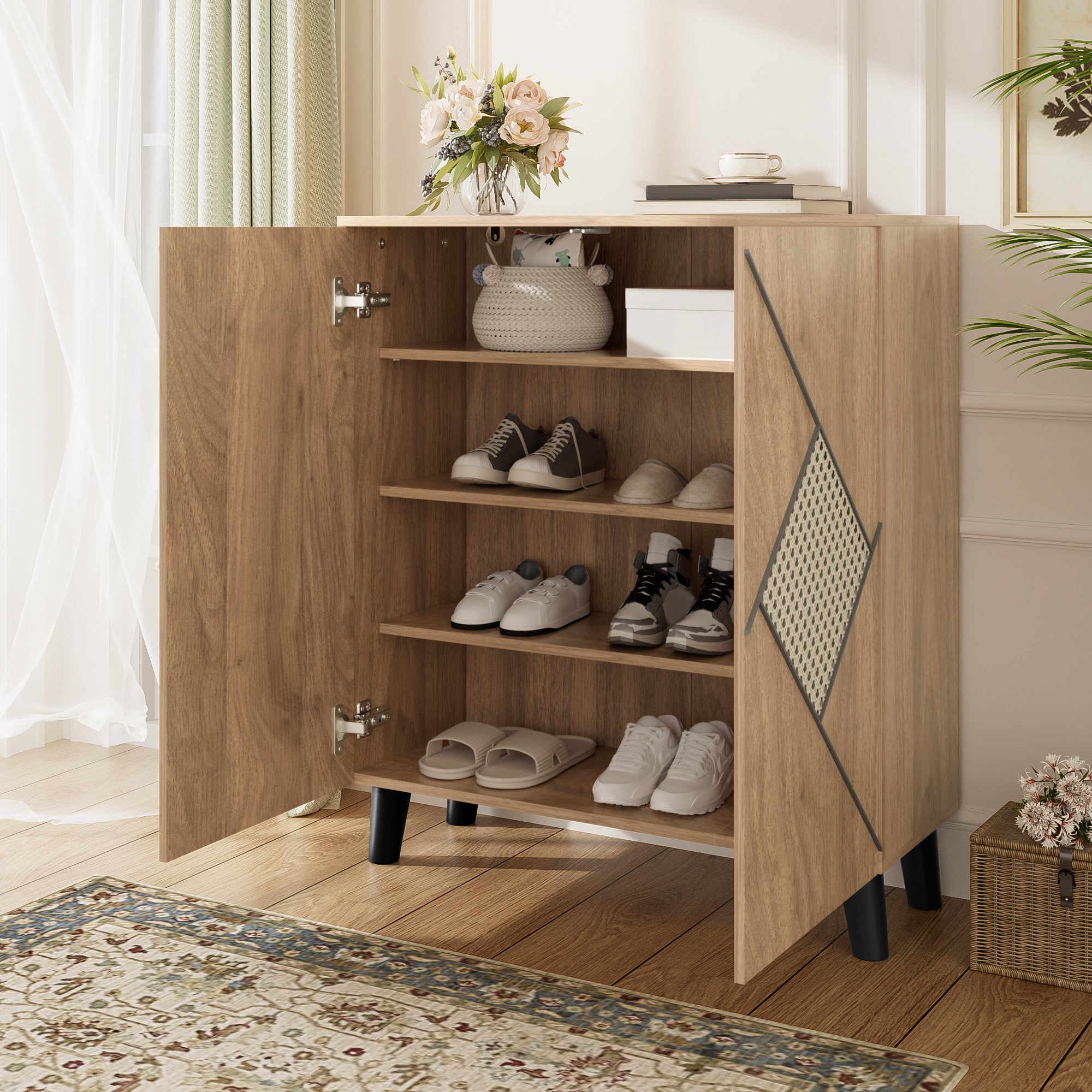 Szafka na buty z 2 drzwiami imitującymi rattan - 80 x 32 x 91 cm - Płyta wiórowa i nogi z tworzywa PVC - Kolor drewna - 3