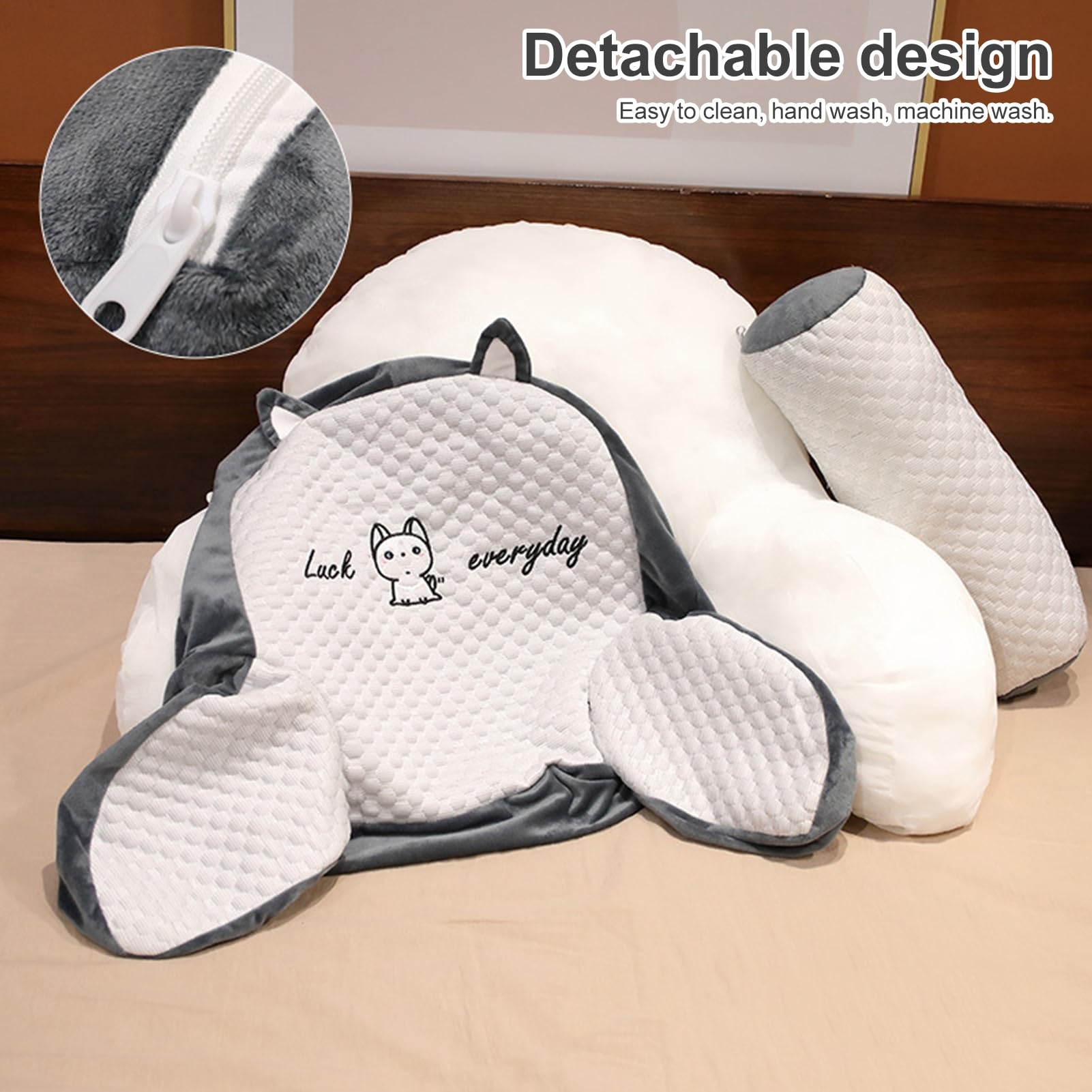 Oreillers de chaise de lit ultra-confortables, Repose-dos 2 en 1 pour s'asseoir au lit, Coussin de dos douillet, Gris et blanc, 60 x 40 cm - 4