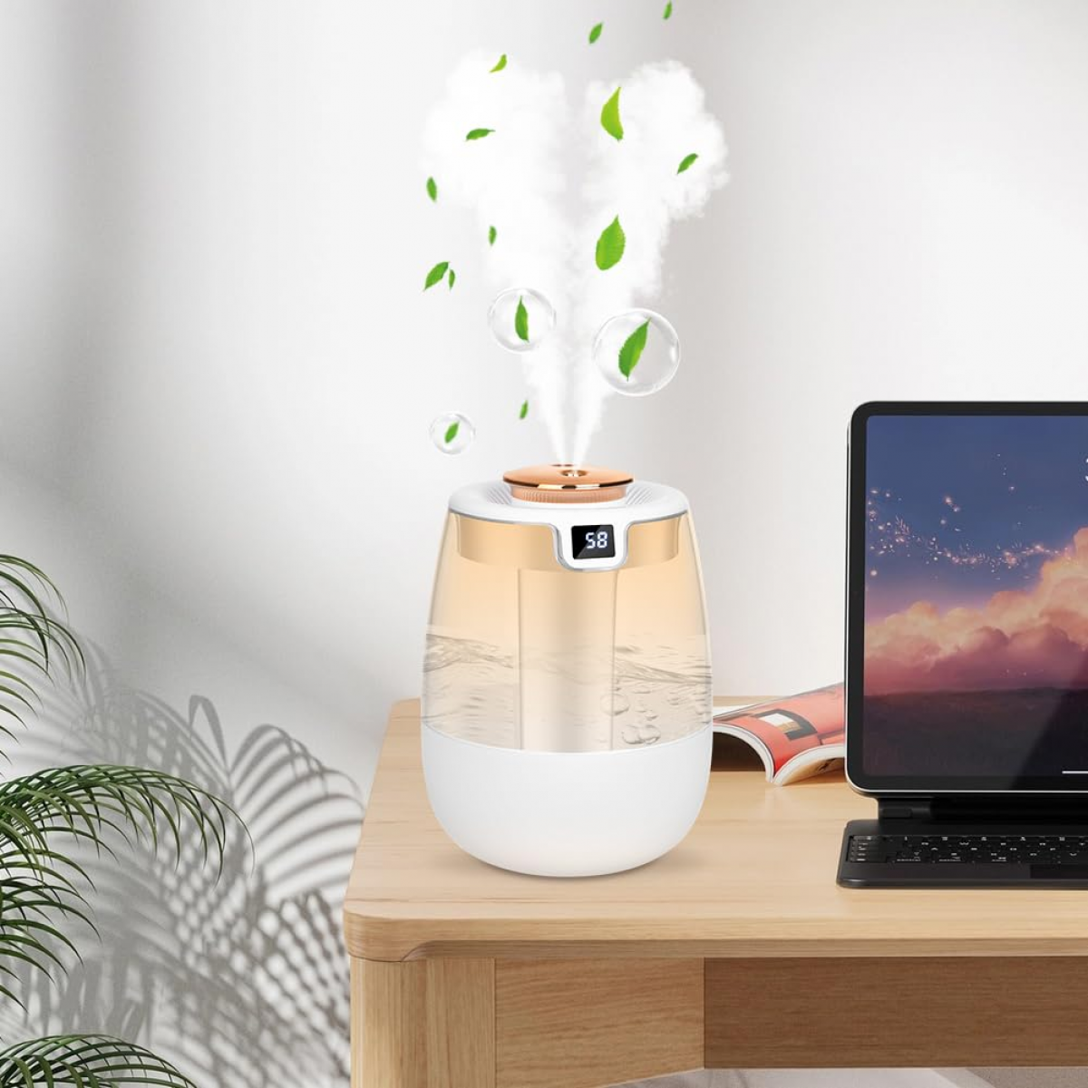 Umidificador de Quarto - Umidificador de Ambiente com Dois Bicos 360° de 1,2 L e Luz Noturna, Display Digital, 30 dB para Escritórios (Branco) - 7