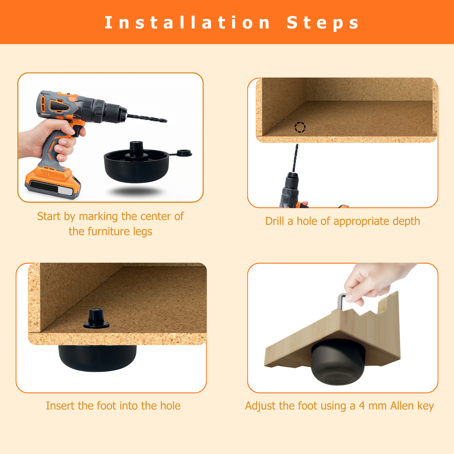 EVOTRADE 4 Pés Reguláveis em PE Ø50 mm com Haste Fixa – Ideais para Casa, Escritório, Indústrias e Cozinhas, Made in Italy (Preto – H17 mm) - 4