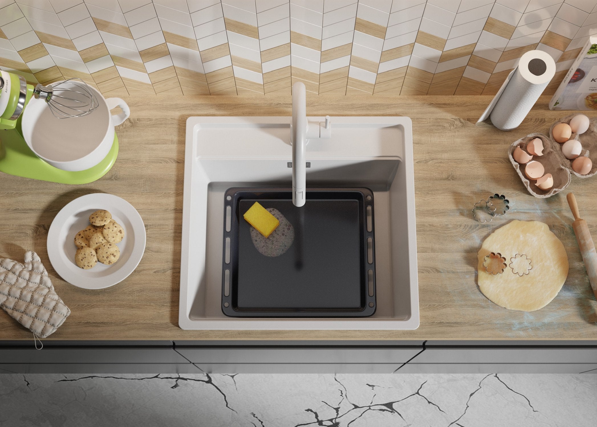 Lavello da Cucina Bianco 56x53cm, Lavandino in Granito a 1 vasca + Sifone Classico + Accessori, Lavabo da Cucina Incasso al mobile 60cm PRIMAGRAN - 9