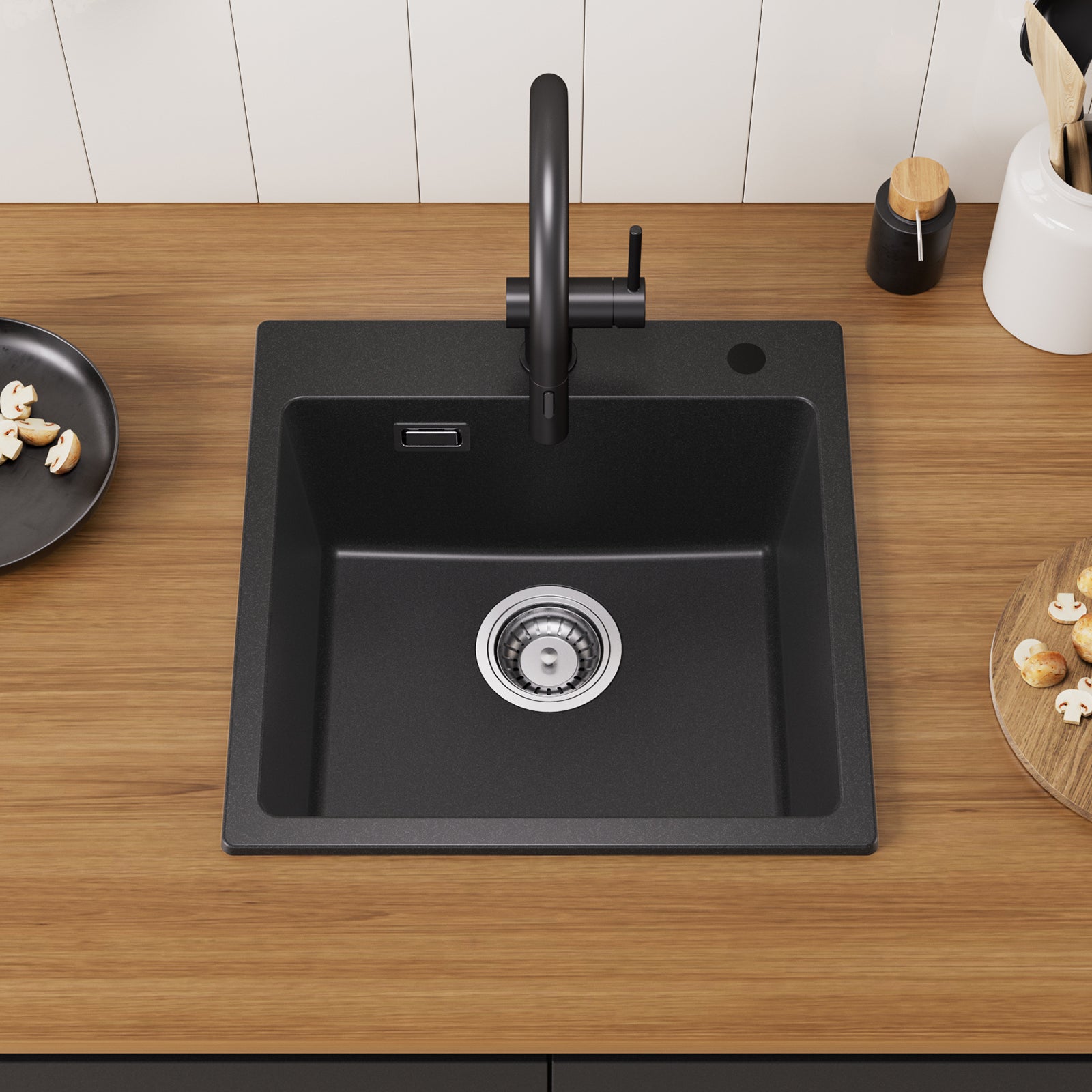 Cecipa max 45x45cm Evier Quartz Noir Evier 1 Bac en Quartz et Résine + Noir Mitigeur Cuisine avec Douchette Extractible 2 Modes de pulvérisat - 3