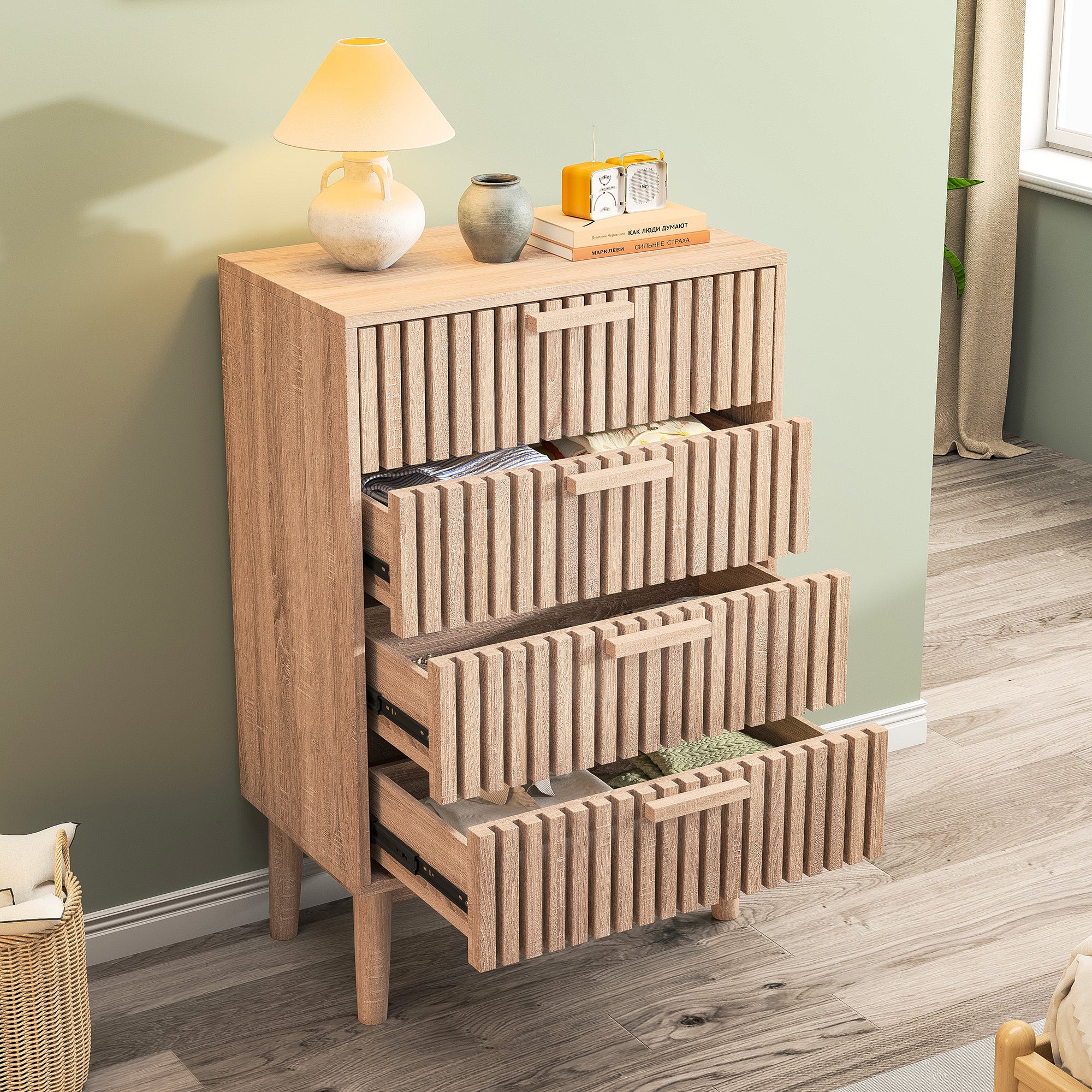 Commode 4 tiroirs 60 cm Couleur bois naturel, 60 x 34 x 91cm - 3