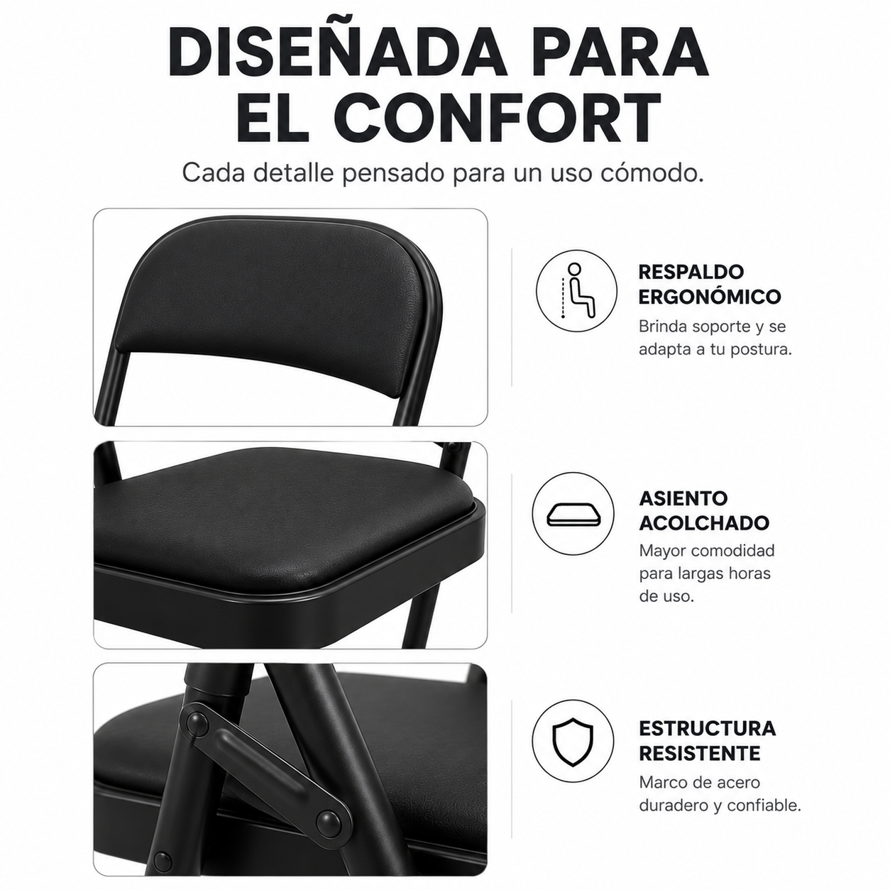 Silla Plegable Acolchada De Acero Negro - 3