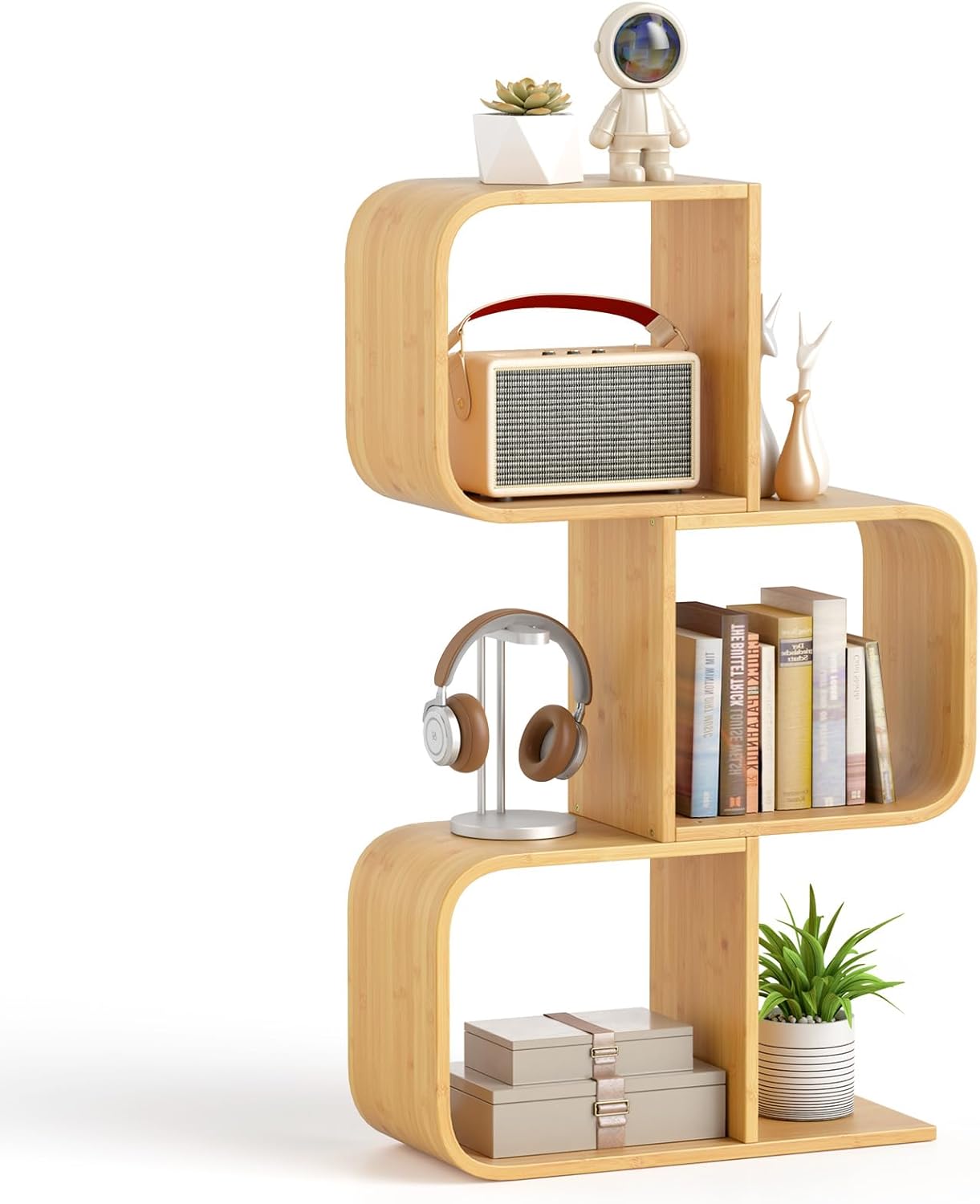 Bibliothèque En Bambou Forme S – 3 Niveaux, 3 Cubes Ouverts – Étagère Multicolore