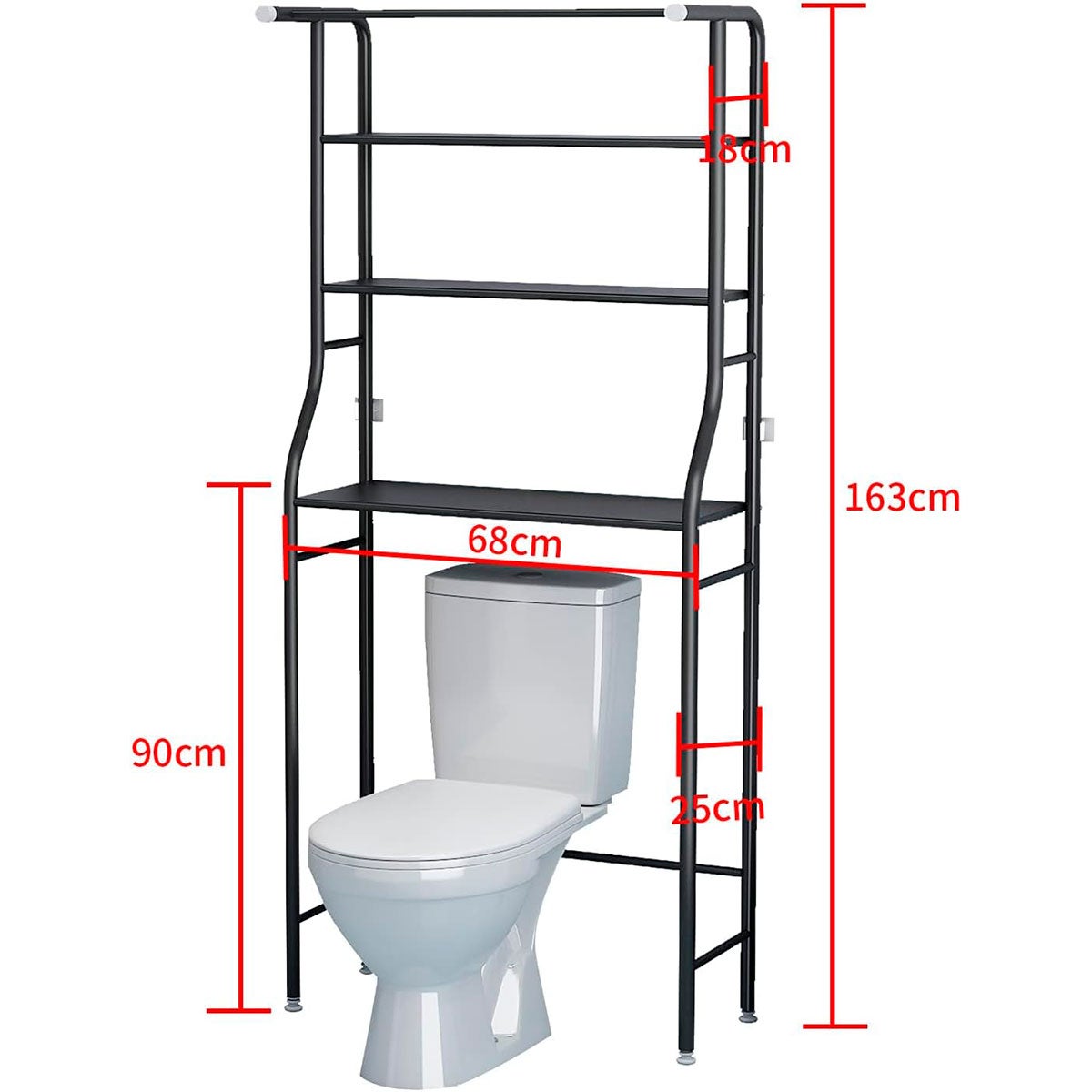 Mensola per WC da bagno 3 ripiani 1 appendiabiti superiore 166x65x25 cm Nero - 4