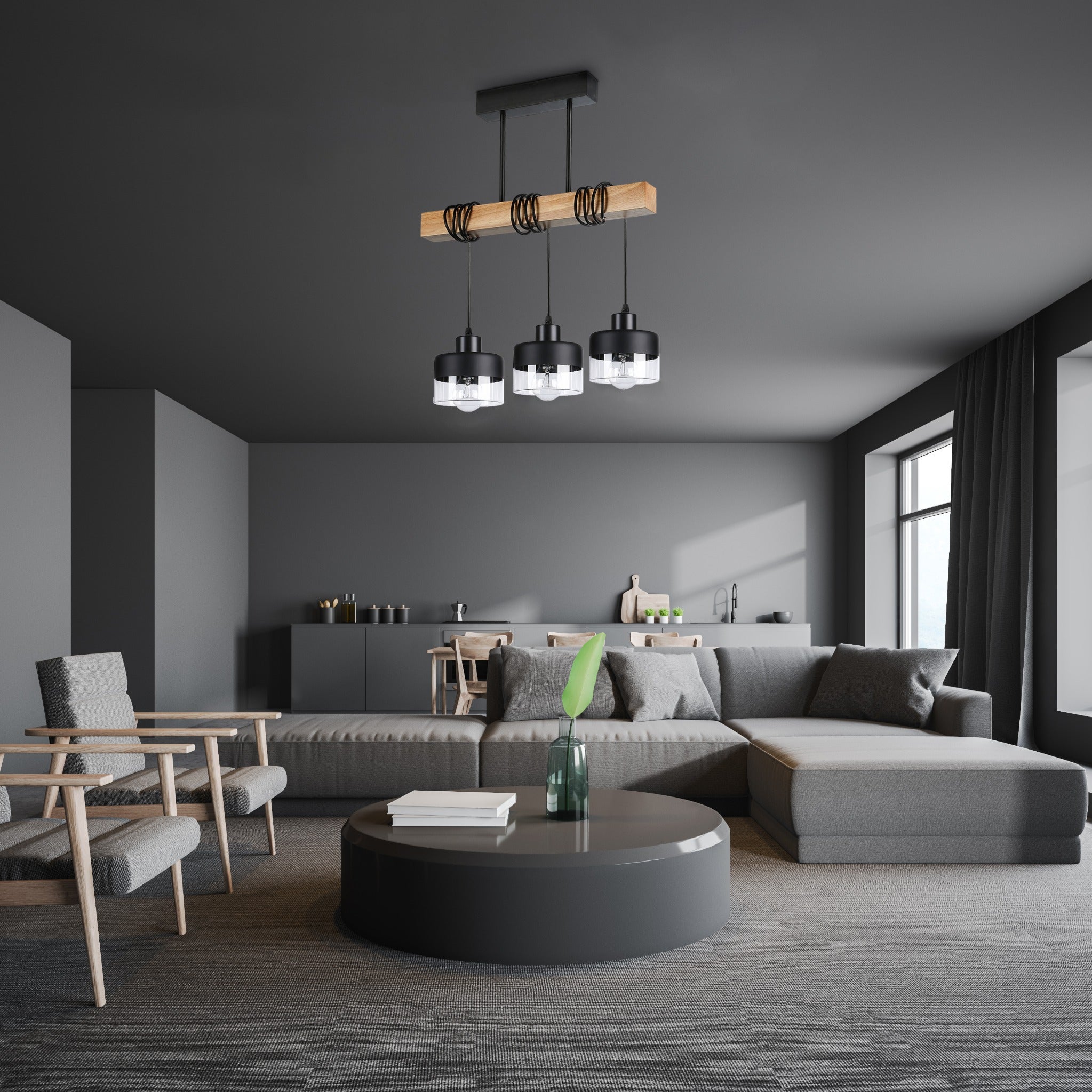 Lampa wisząca żyrandol Stark 3x E27 45 cm IP20 czarna stal drewno szkło MasterLED - 4