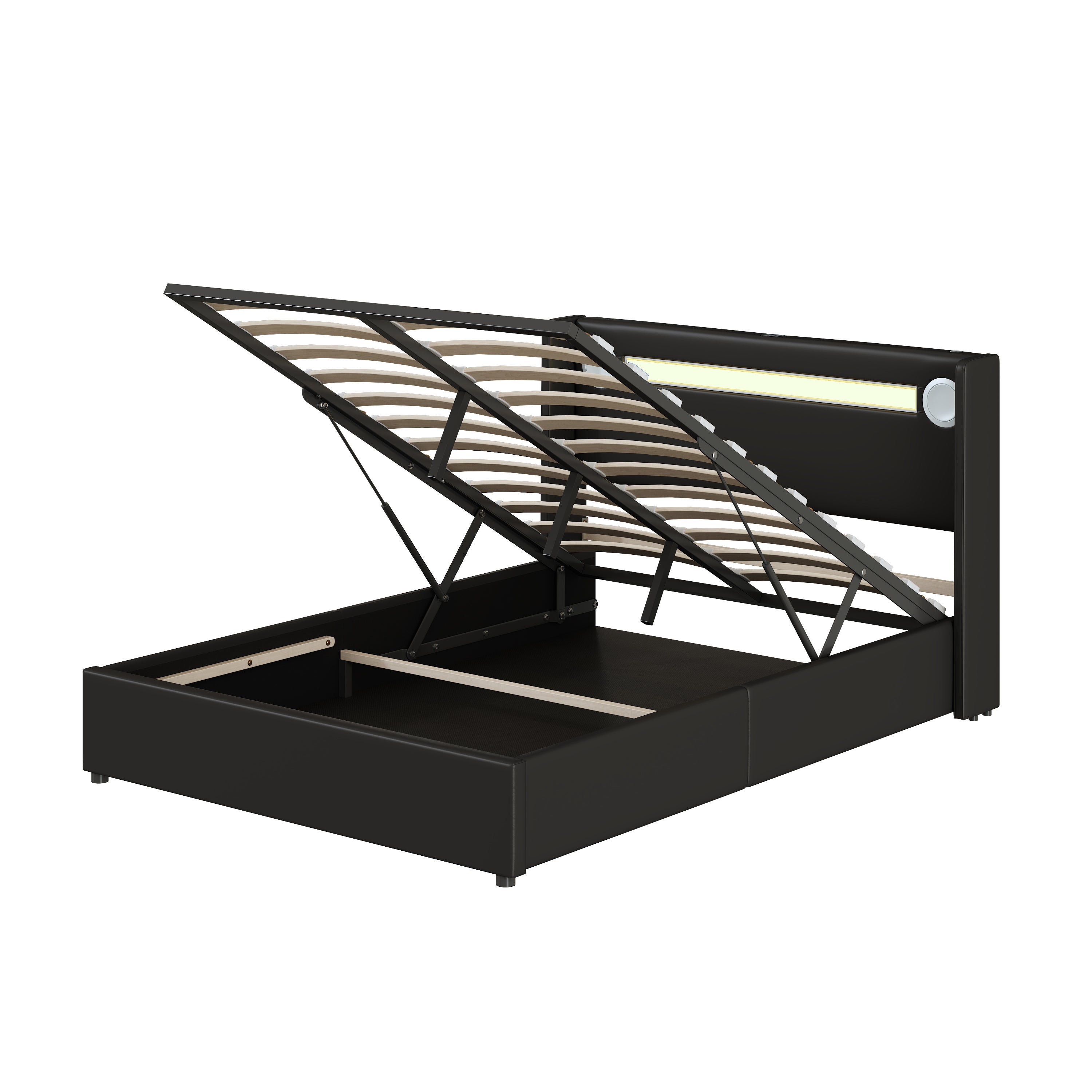 Łóżko z tapicerowanym zagłówkiem z ekoskóry 140x200cm z LED, odtwarzaczem Bluetooth i portami USB - z stelażem na listwy - Czarne - 9