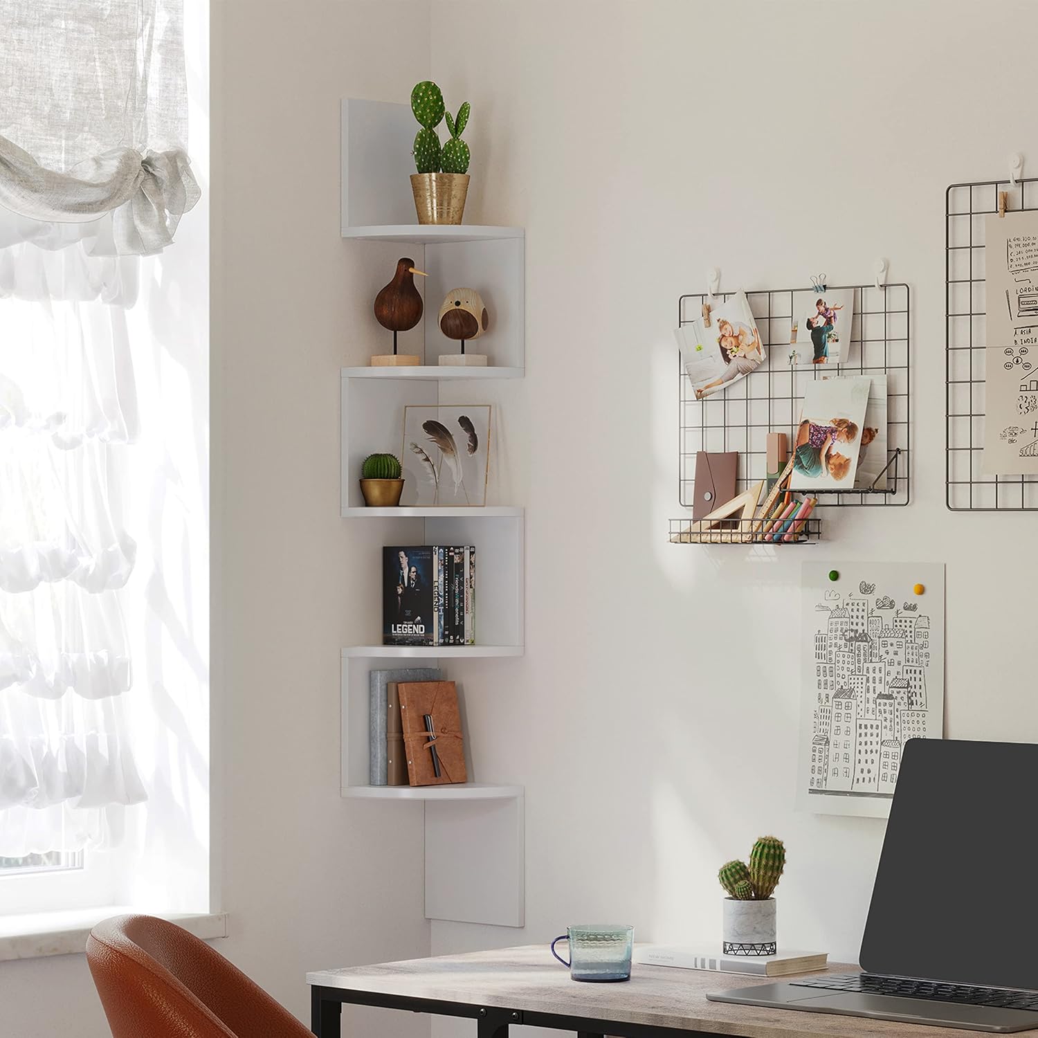 Libreria Angolare da Muro, Scaffale Parete 5 Ripiani, Porta Piante, Camera Soggiorno Bagno Studio, Bianco - 2