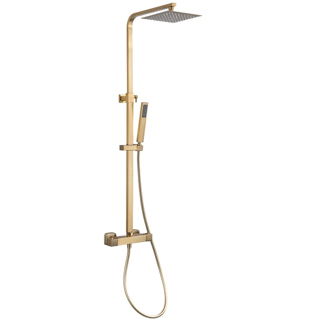 Colonna doccia con miscelatore termostatico dorato, doccia a poggia dorato, acciaio Inox, con soffione e doccetta a mano - LOMAZOO Estrella