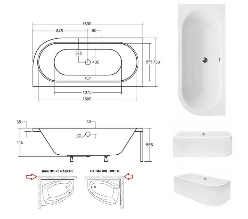 Baignoire asymétrique blanc - avec Tablier et Repose Tête OFFERT | AVITA | 170x75 - Gauche - 3