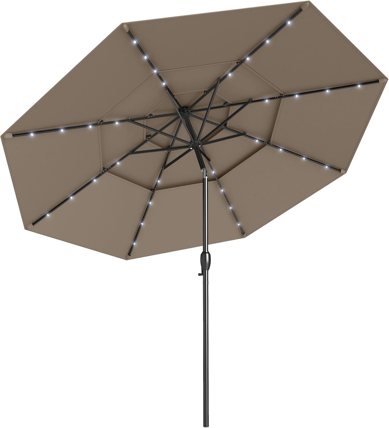 Parasol Ogrodowy z 32 Diodami LED, 3 m, Odchylany Parasol Balkonowy z 3-stopniową Regulacją Wysokości, 8 Żeber, Korba, Ochrona UV (Brązowy)