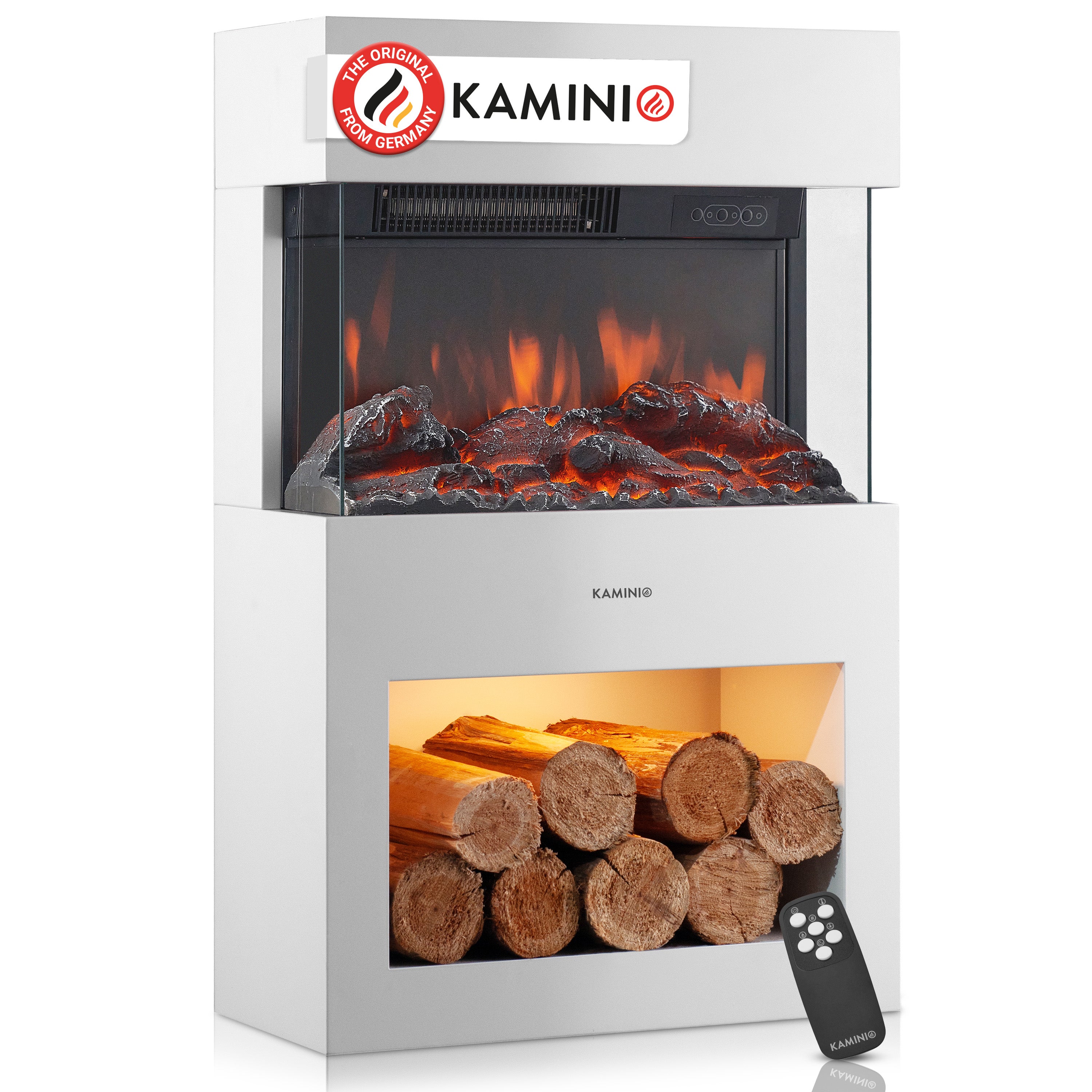 KAMINIO Kominek elektryczny HENRI – piec kominkowy z ogrzewaniem, efektem płomienia 3D, oświetleniem nastrojowym, komorą na drewno, pilotem – Biały