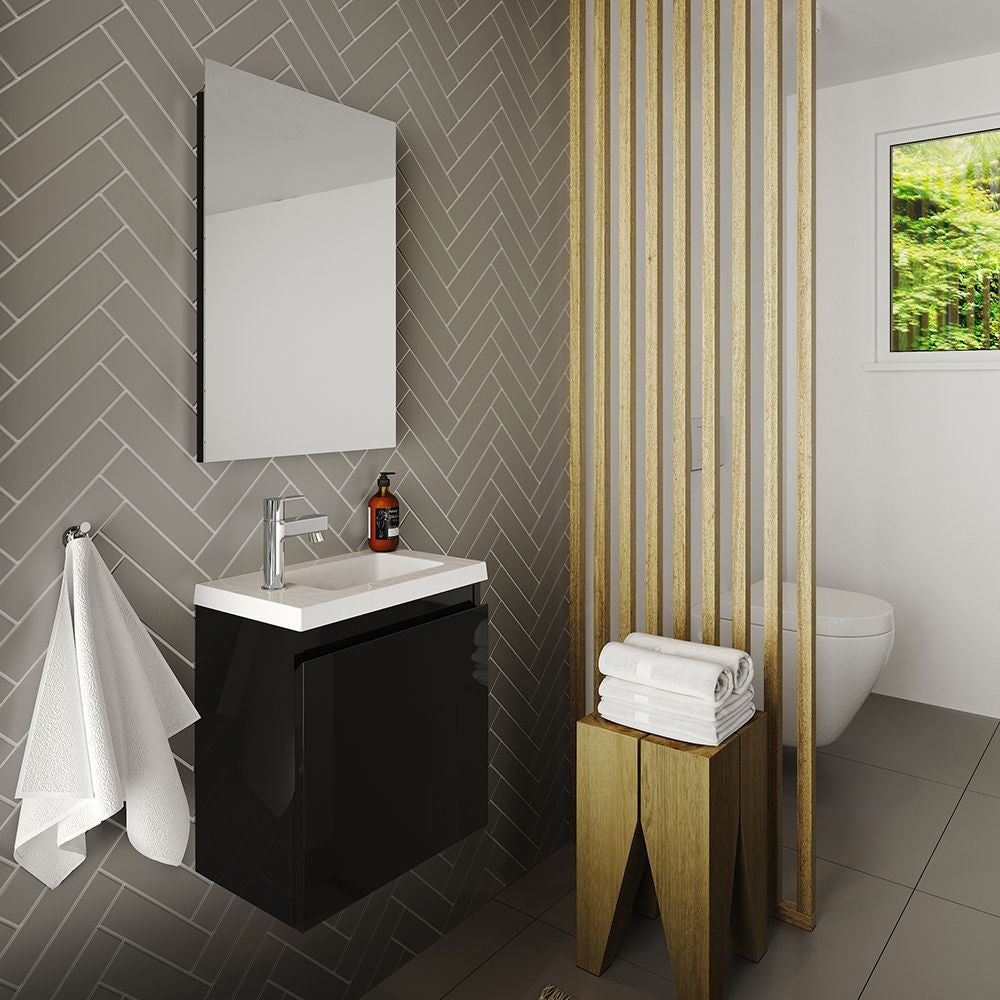 Ensemble meuble lave-mains avec miroir PORTO PACK- noir brillant - L40 x H51 x P25 cm - 2