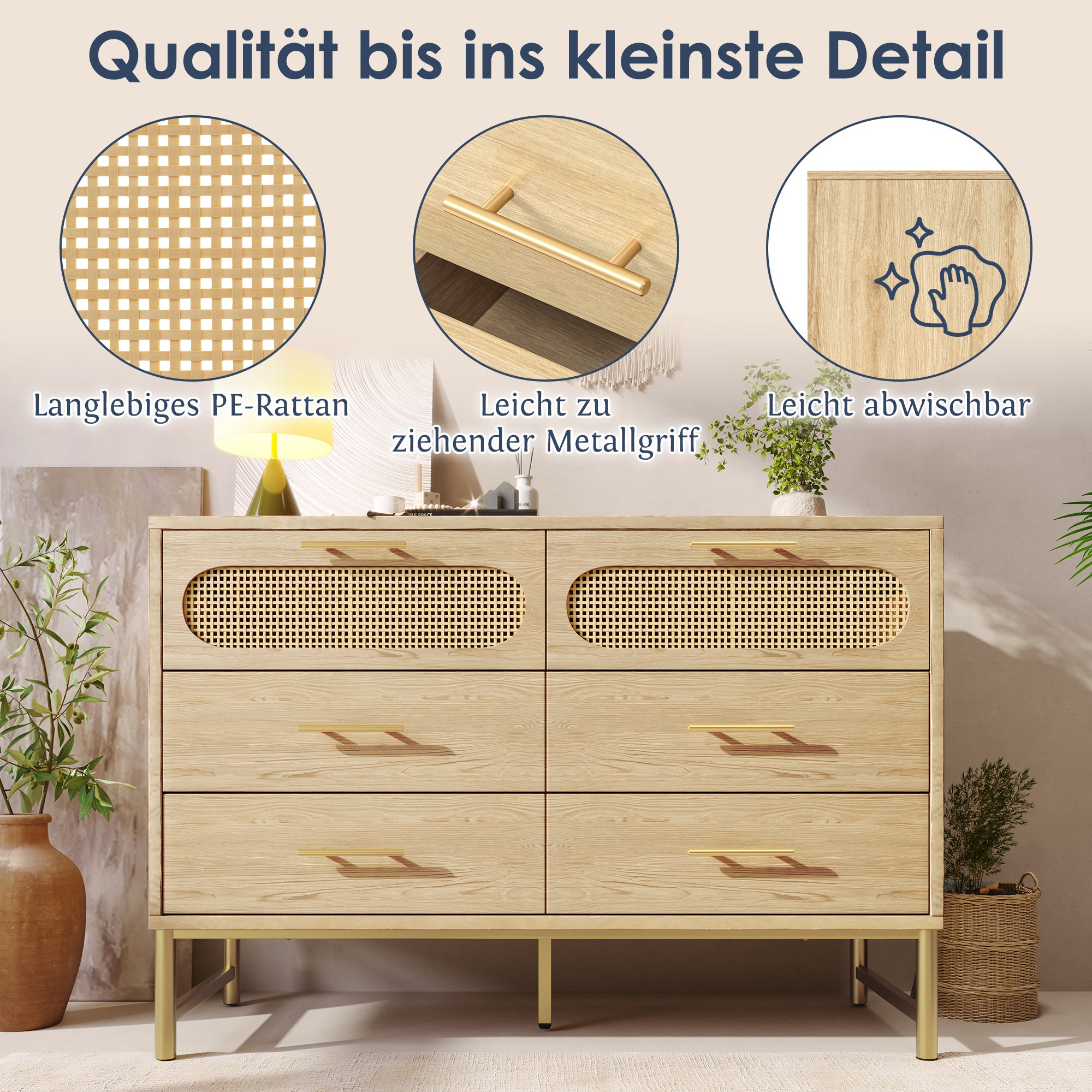 Cassettiera in rattan con 6 cassetti, per soggiorno e camera da letto, maniglie in metallo, antiribaltamento, 120 x 40 x 74 cm, rovere Sonoma - 4