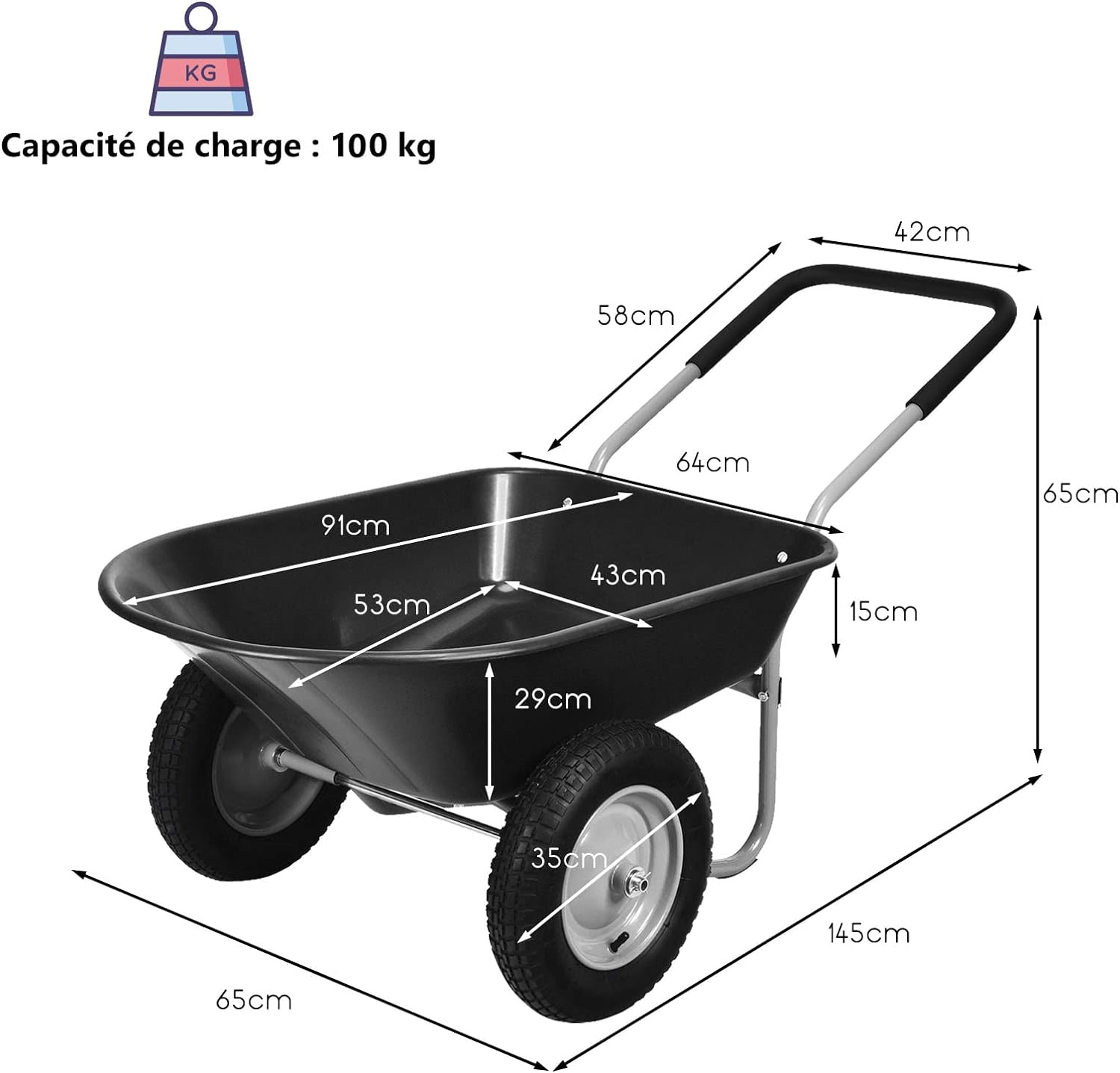 Brouette de jardin 2 roues pneus pneumatiques ø35cm 141l charge max 100kg résistante en fer noir - 3