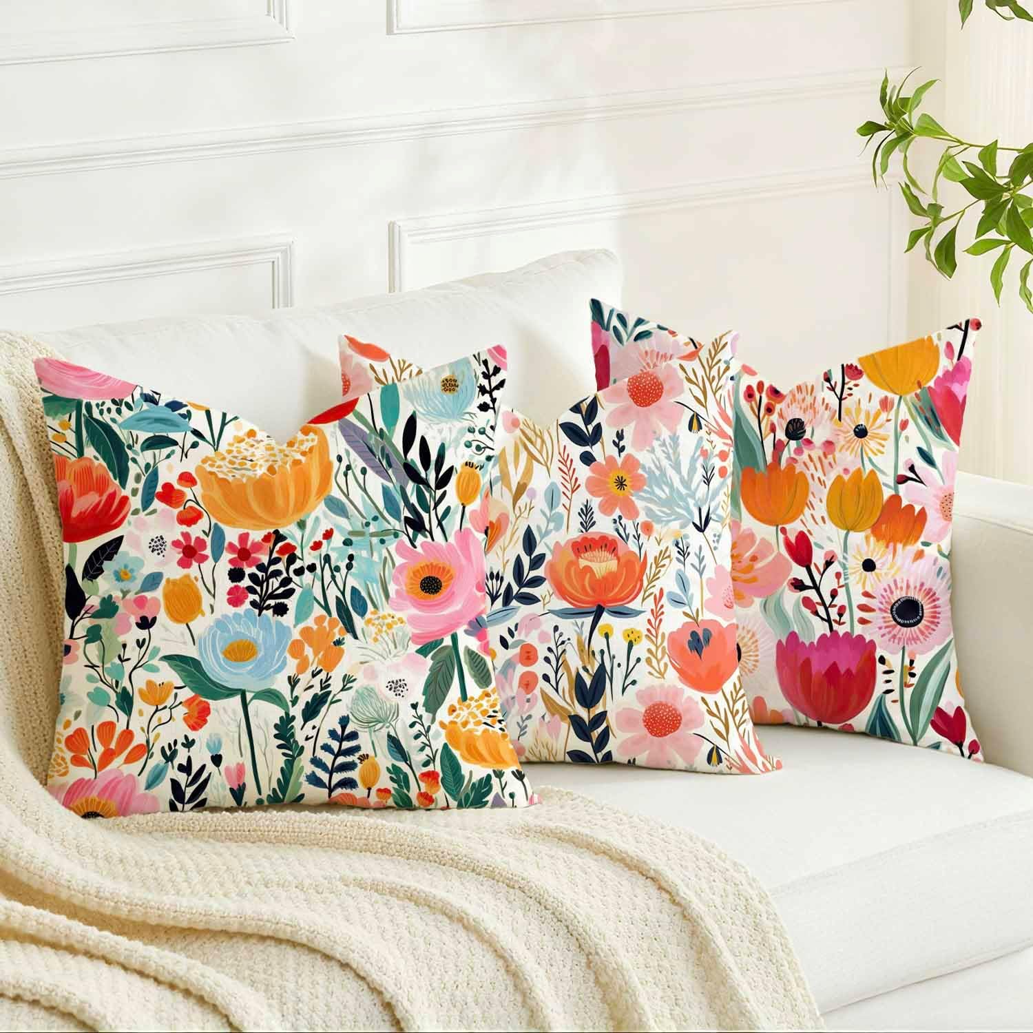 Housse Coussin 45x45 Florale Aquarelle Bleu Housses de Coussin Printemps Décoratif Été Extérieur Taie Oreiller de Canapé, Lot de 2 - 5