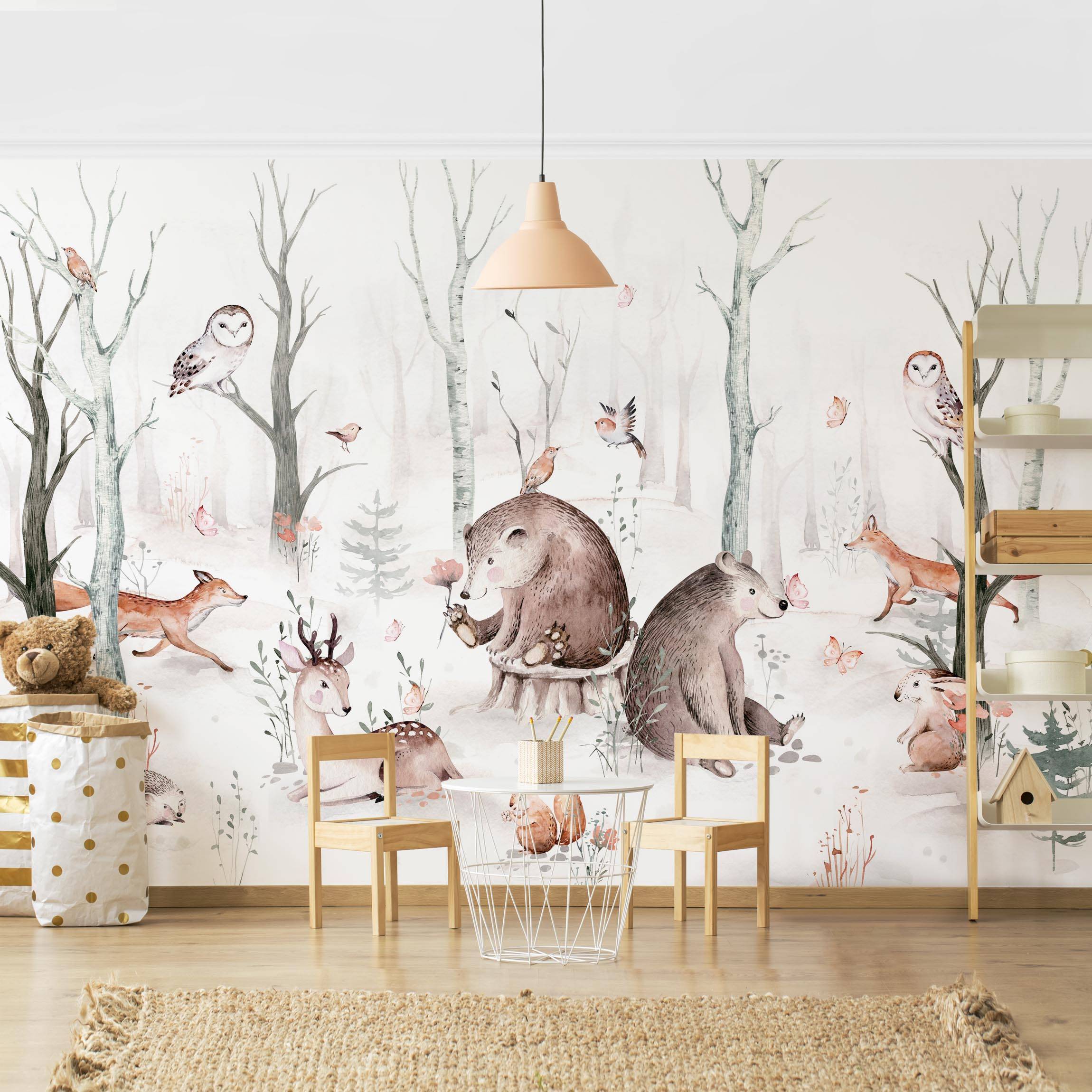 Papel pintado fotomural acuarela bosque animales arte naturaleza 358 - habitación infantil niño habitación niña - tnt 384 x 255 cm adhesivo