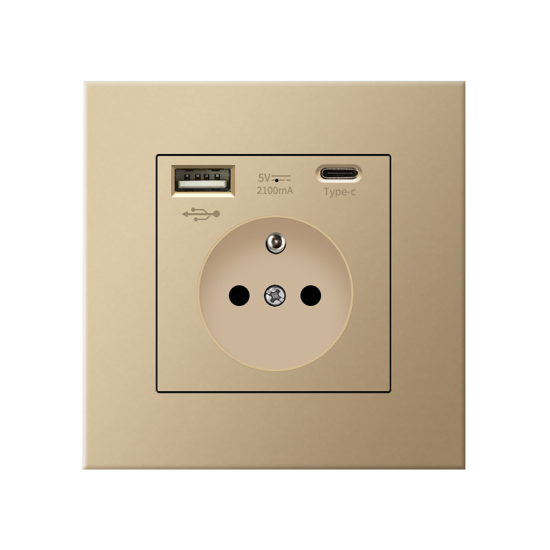 Gniazdko ścienne z USB i Type C, 5V - 2,1A, standardowe gniazdo zasilania USB w standardzie UE, francuskie gniazdo wielokrotne, 110-250V (Złote)