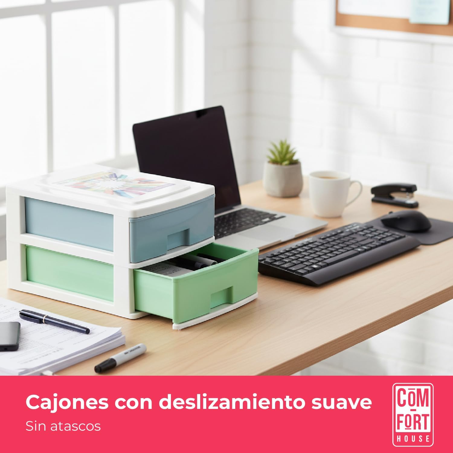 COM-FORT HOUSE | Cajonera Apilable de Plástico | Modelo Multicolor | Color Blanco | Modelo de 2 Cajones | Cajones de Almacenamiento Modular - 4