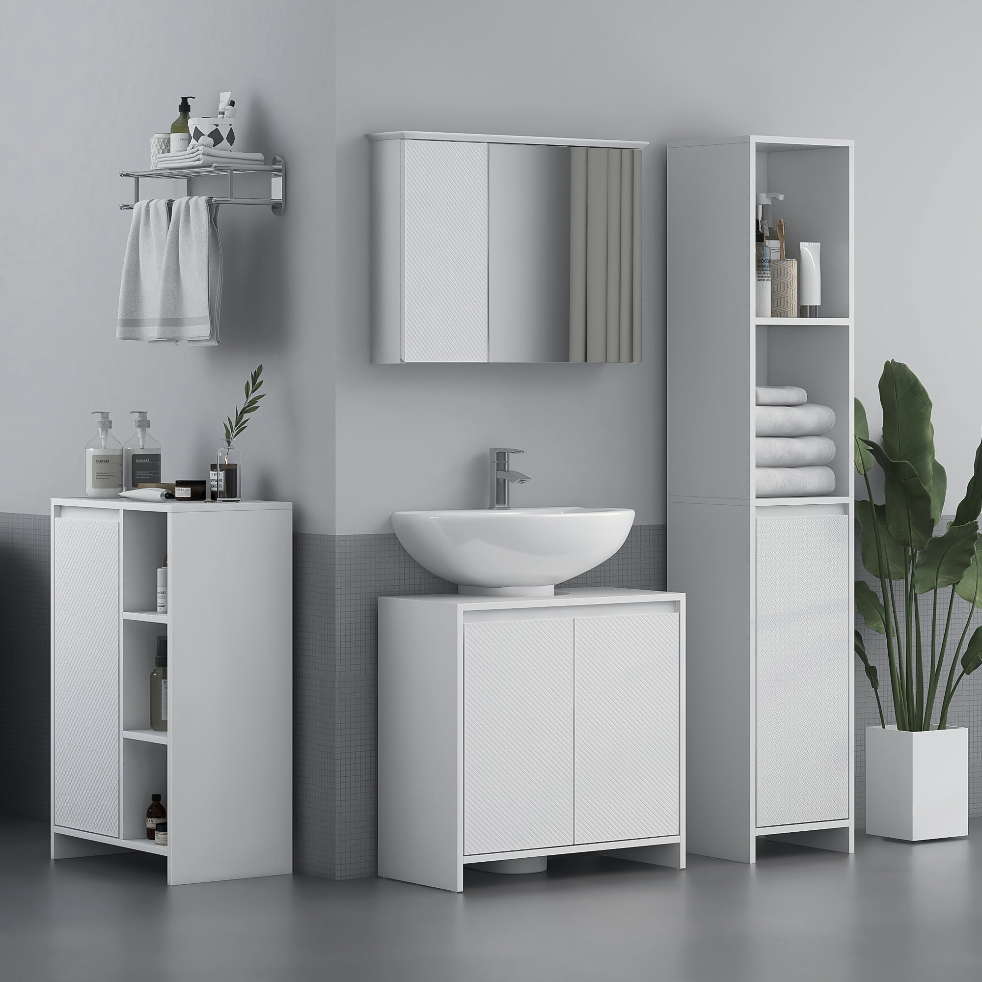 HOMCOM Mobile Sottolavabo Bagno con 2 Ante Decorate e Intaglio a U per Tubi, 60x30x60cm, Bianco - 9