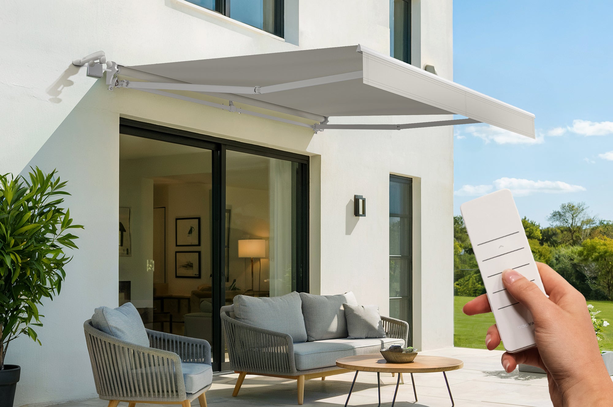 FAZZIO 3m x 2,5m biała markiza półkasetowa z napędem silnikowym i beżową tkaniną