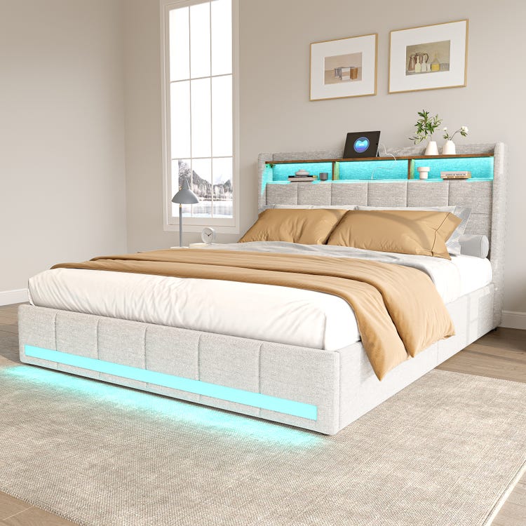 Lit 140x190 cm avec sommier éclairage LED et USB, 4 tiroirs et tête de lit de Rangement, Lin, Beige - 2