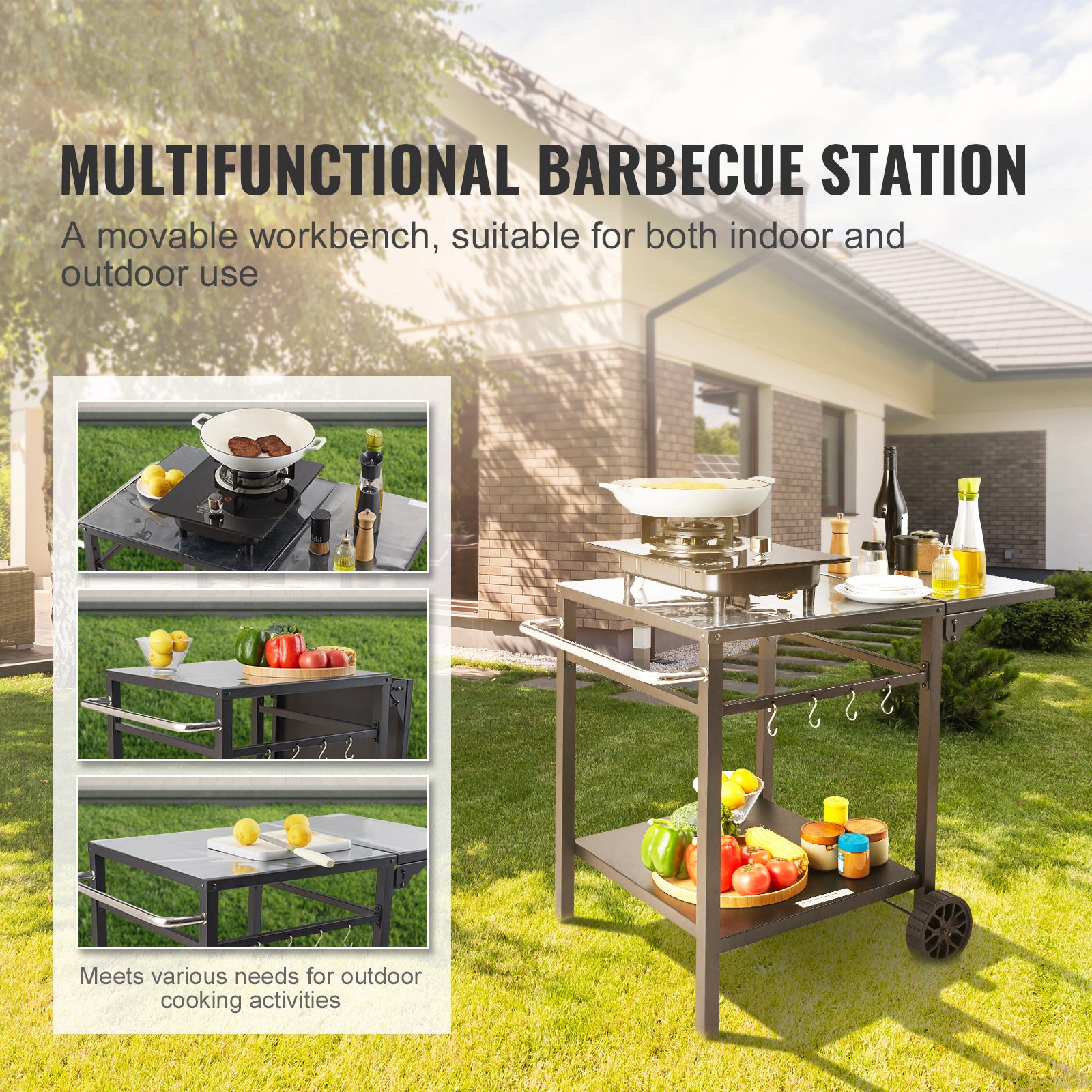 Chariot de service SucceBuy pour barbecue extérieur à 2 étagères, plateau pliable en fer, table modulaire portable pour four à pizza - 4