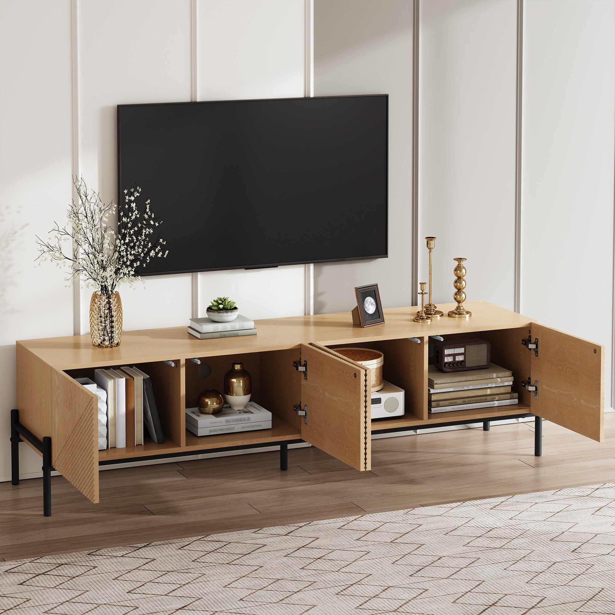 Hauss Spole  Mueble De Tv 163,5X40x45 Cm, Gran Almacenaje 4 Puertas Batientes, Estructura Metal, Madera Y Negro , Leroy Merlin