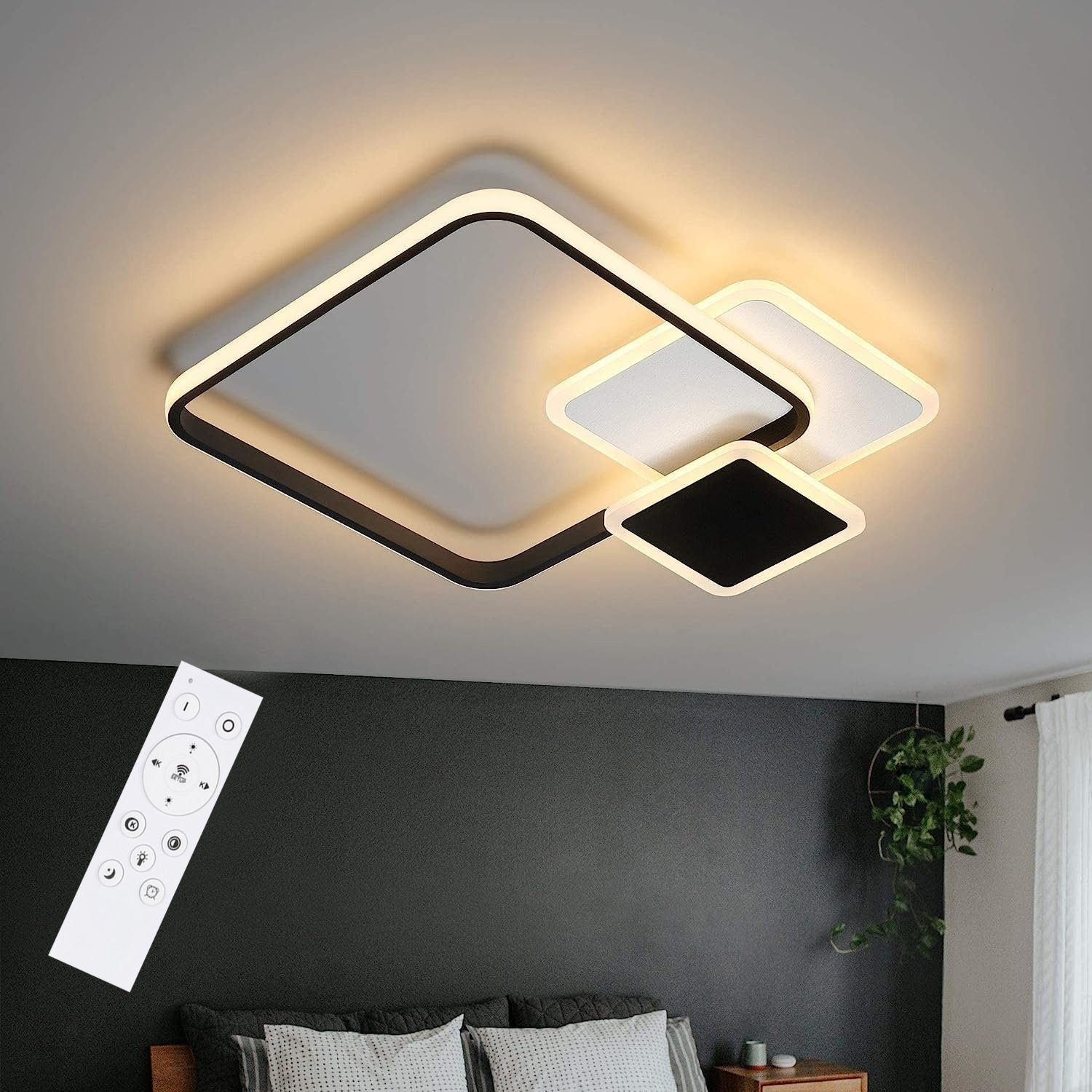 ZMH Lampa sufitowa LED, nowoczesny, kwadratowy design, czarna, do korytarza biurowego, sterowana pilotem
