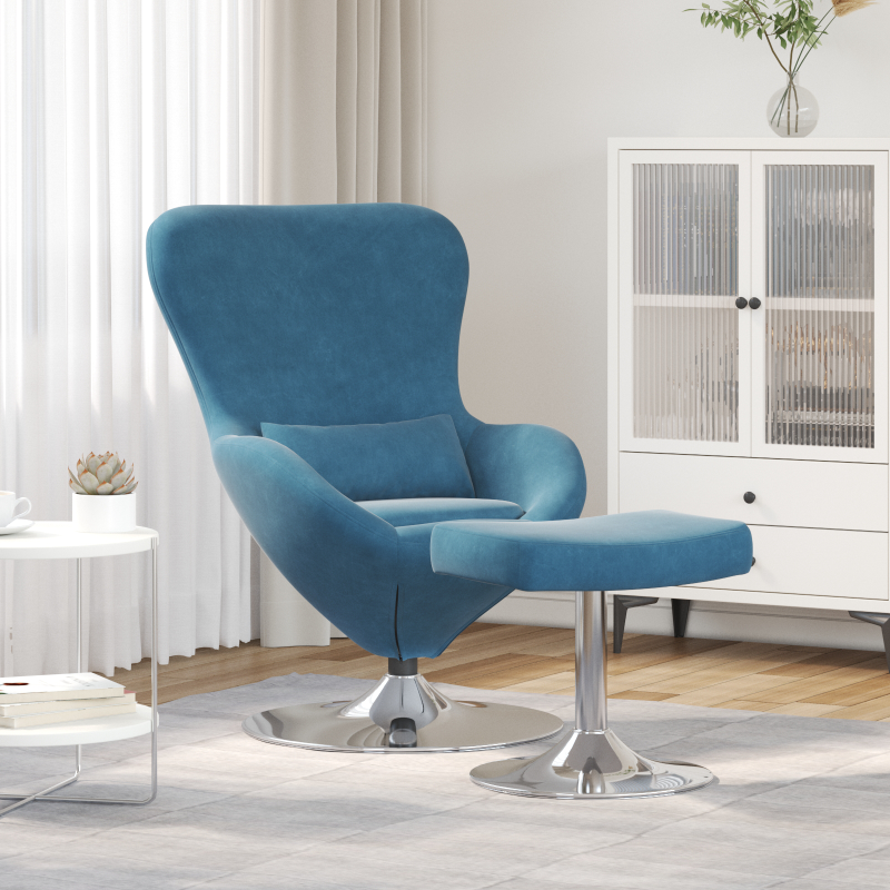 Fotel Jajko z Podnóżkiem Niebieski 63 x 73 x 90 cm Aksamit vidaXL