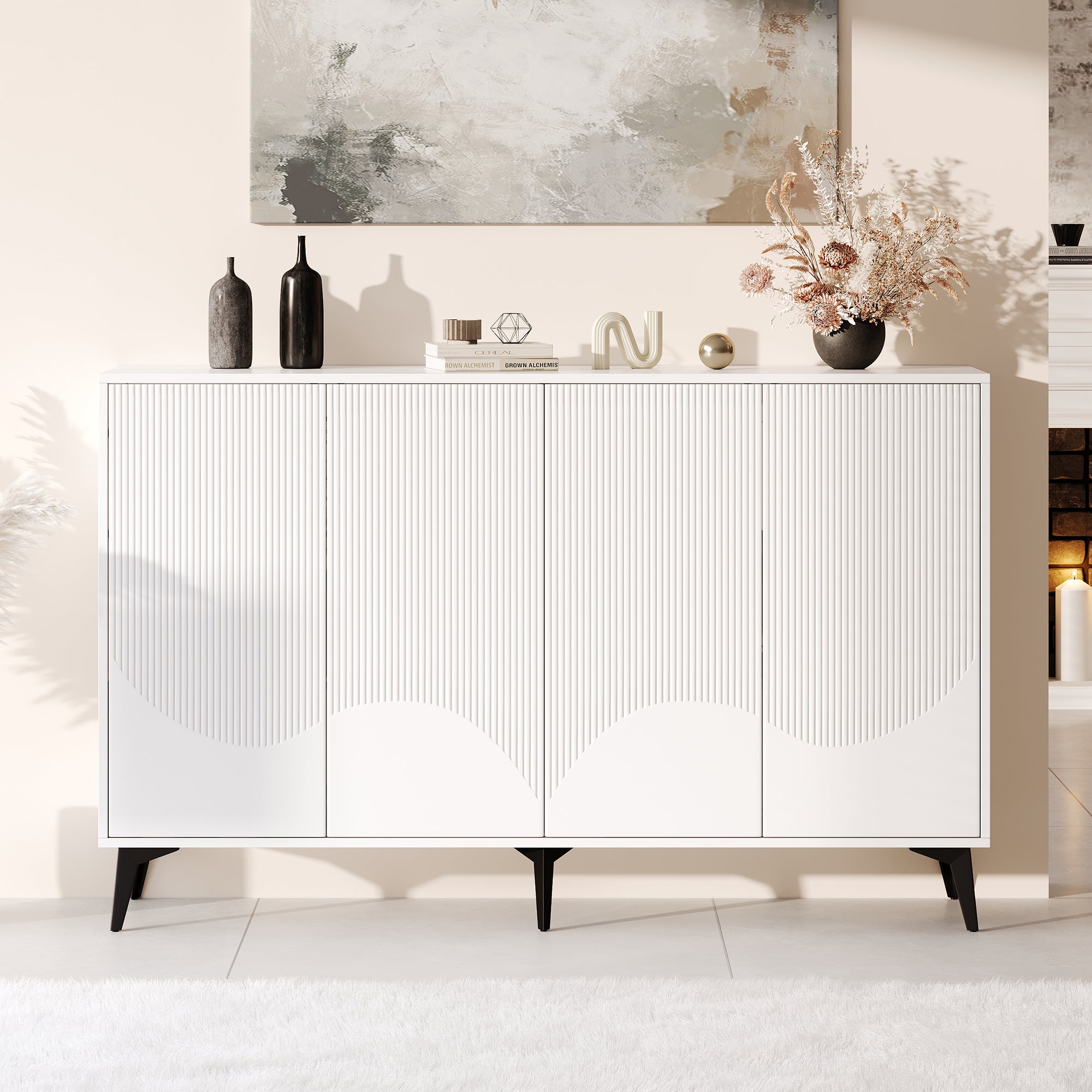 Komoda niska z 4 drzwiami - 160 x 35 x 100 cm - Płyta wiórowa i nogi metalowe - Biała