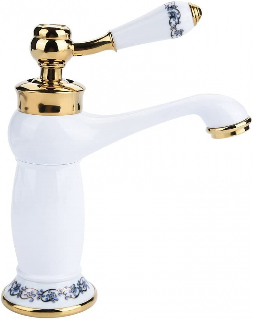 (białe złoto) Bateria umywalkowa z mieszaczem, mosiężna, ceramiczna, czarno-biała porcelana, długa szyjka, vintage, kwiatowy, z wlotem wody, kran Fr