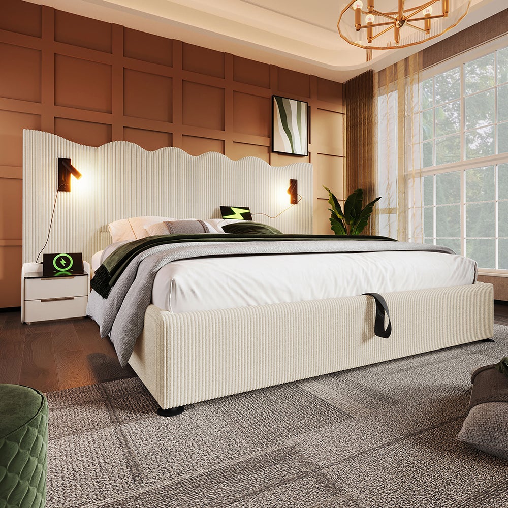 Lit Double Plateforme Avec Tête De Lit LED - Velours Côtelé Beige, Bois Chêne - 160x200 Cm - Sans Matelas - 3