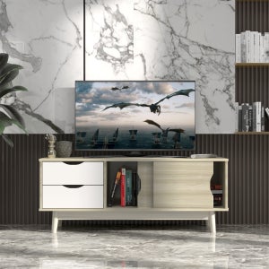 Meuble TV Flottant Avec 2 Tiroirs - Banc TV Suspendu Blanc 160x24x20 Cm, Gestion Câbles