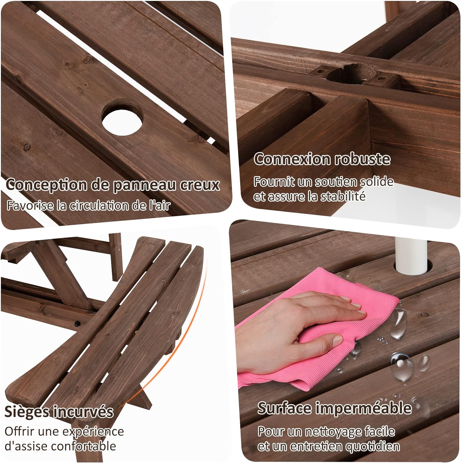 Set Tavolo da Giardino con 4 Panche Integrate, Legno Massiccio, con Foro Ombrellone, per 4-8 Persone, Tavolo Rotondo da Picnic per Esterno, Og - 4