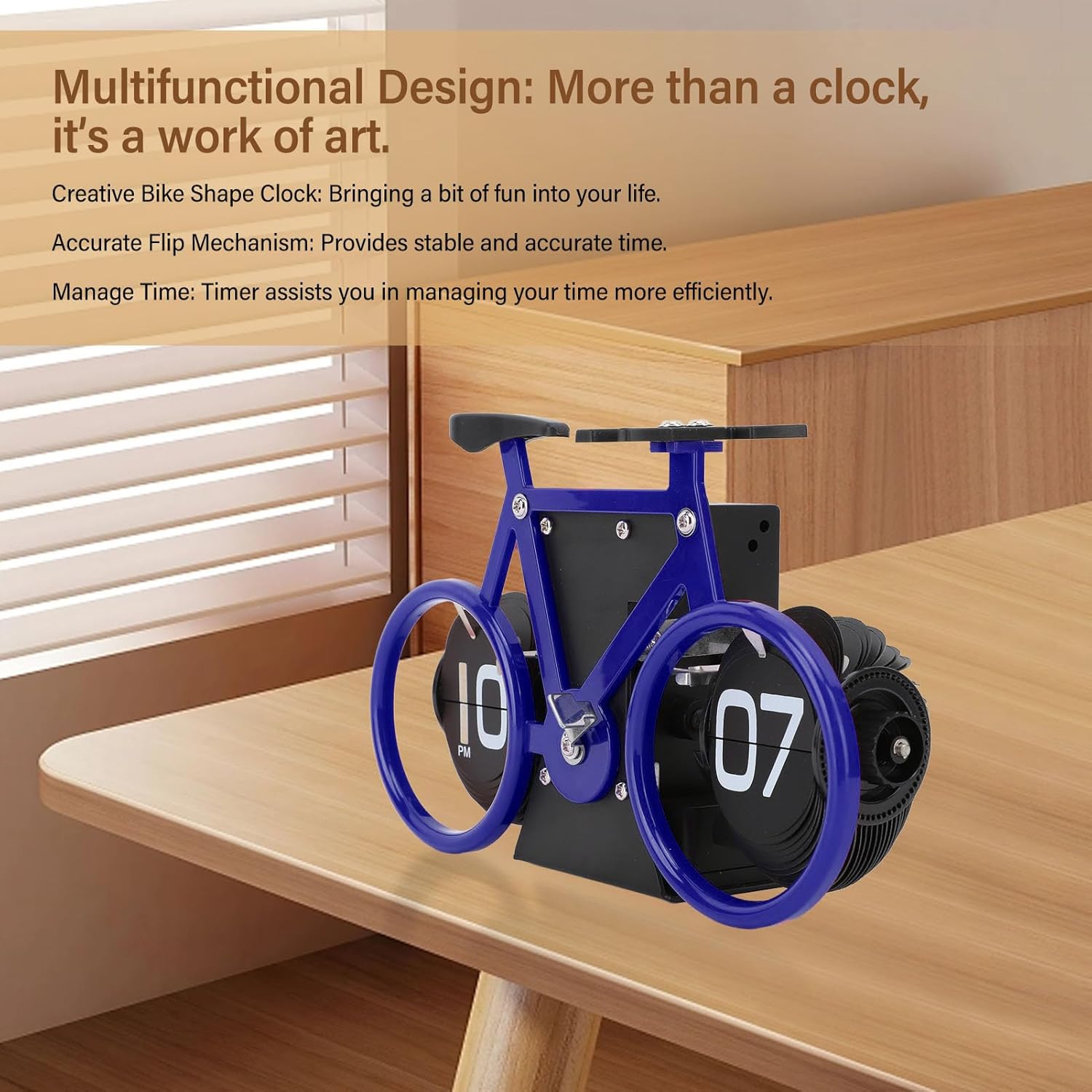 Horloge de table en forme de vélo, horloge à rotation automatique des pages, horloge décorative rétro, horloge à rotation simple des pages (bleu) - 3