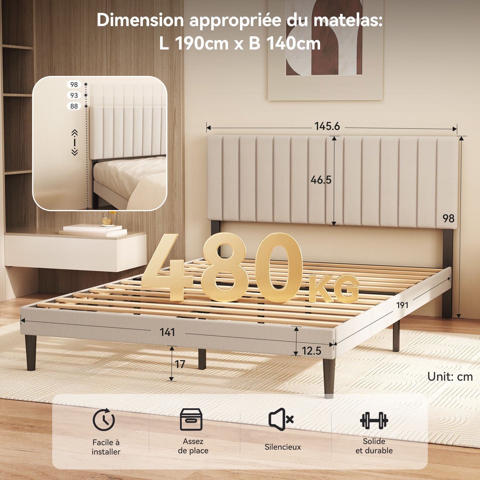 Lit 140x190 cm, Lit double, 480 kg, Rangement 17 cm, bois et métal, Sommier à lattes, métal, Silencieux, Stable, gain de place, tête de lit réglable - 9