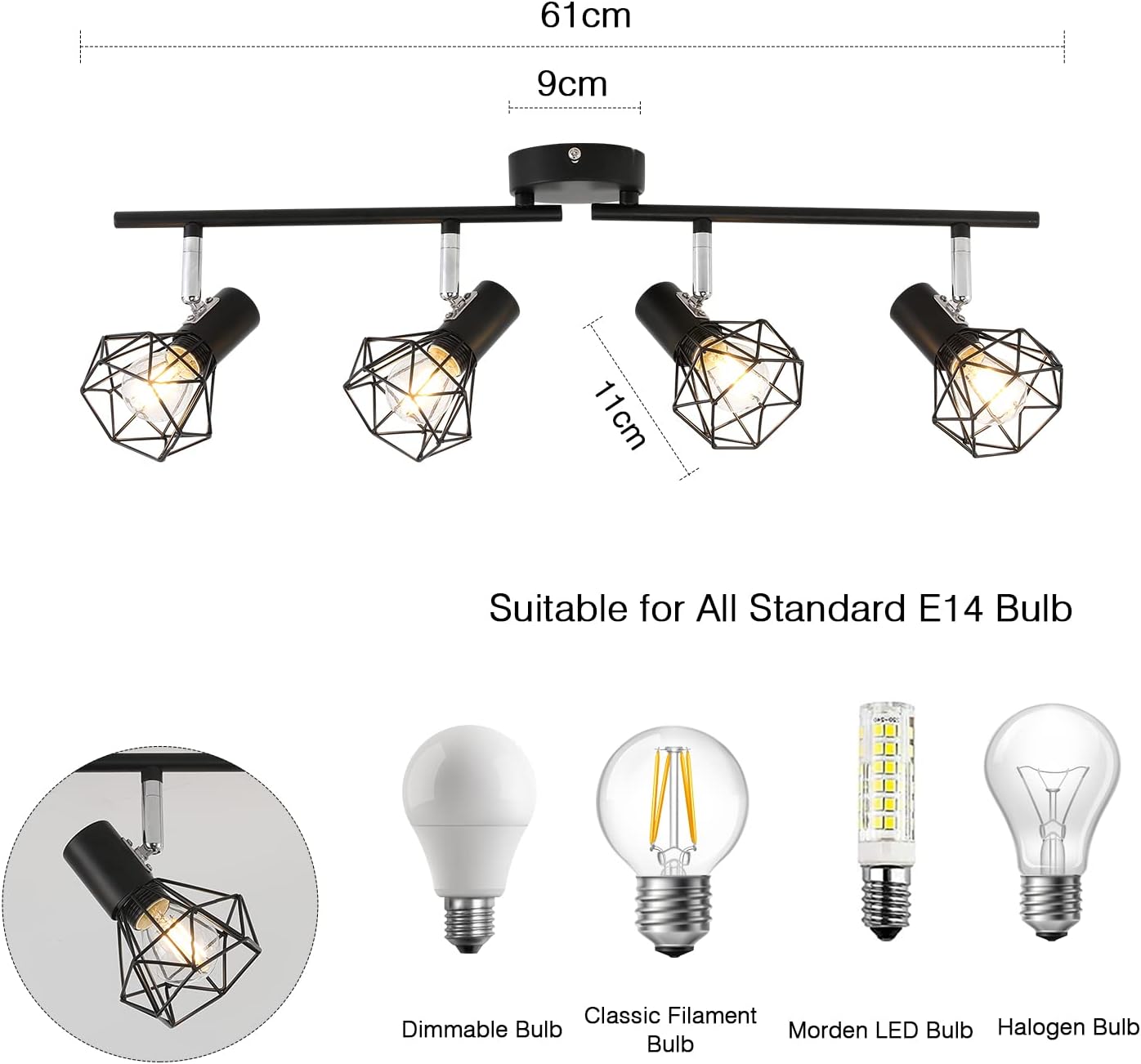 Plafonnier 4 spots pivotants style industriel rétro en métal noir pour cuisine, couloir, salon - 3