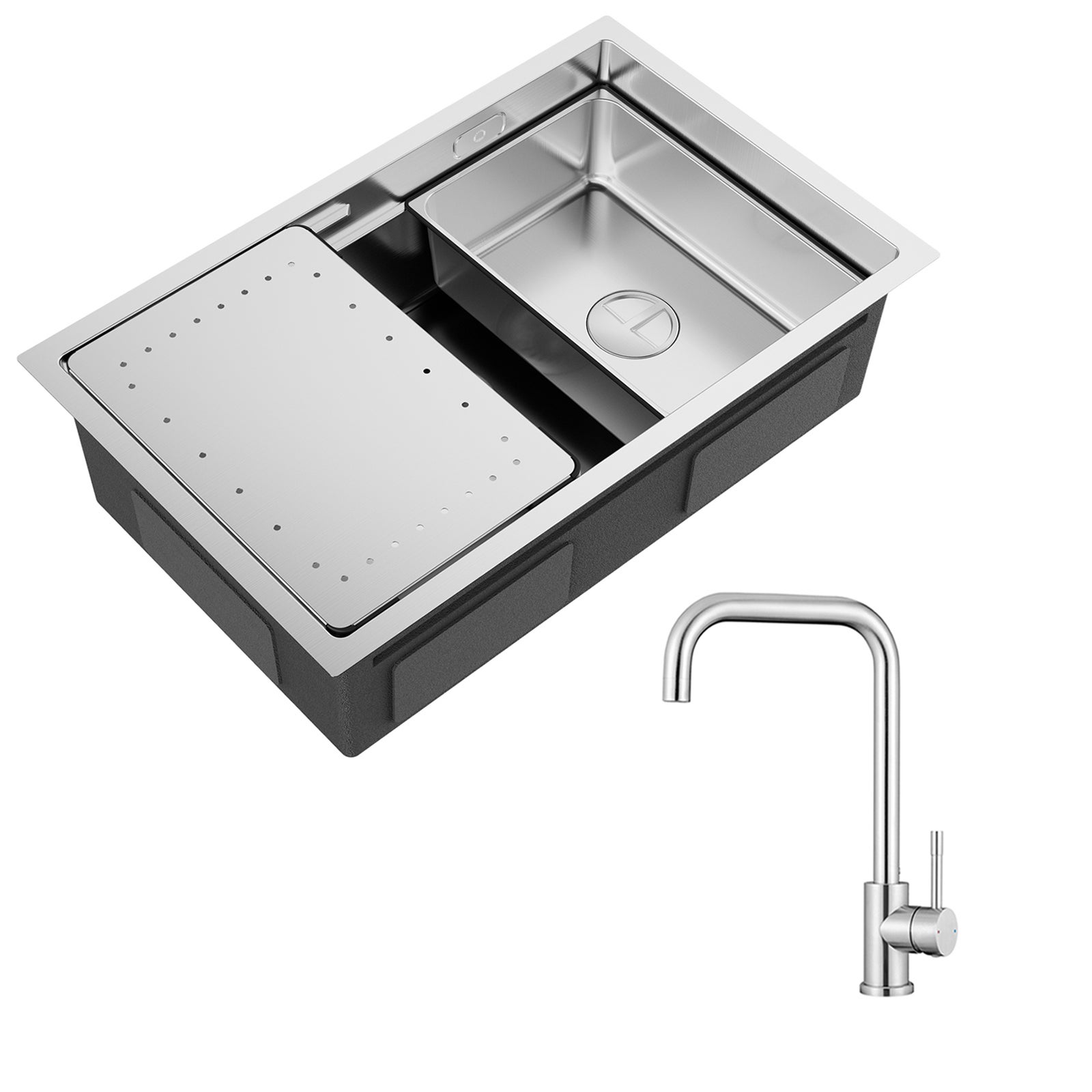 Fregadero de cocina de 1 seno, 70 × 44 × 21 cm, fregadero de acero inoxidable cepillado con escurridor y lavabo + mezclador de cocina cepillado