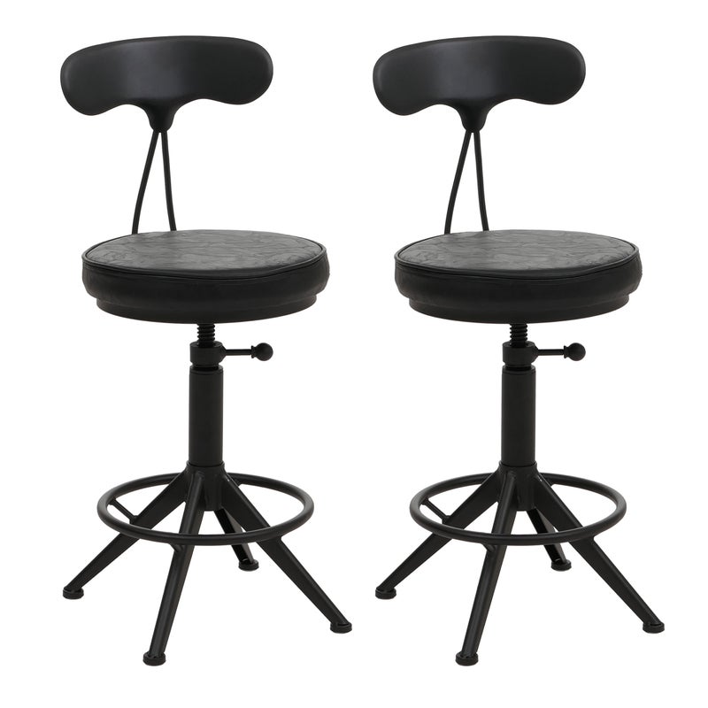 Zestaw 2 stołków barowych HWC-O84, stołek barowy obrotowy Industrial z regulacją wysokości, sztuczna skóra, metal ~ czarny