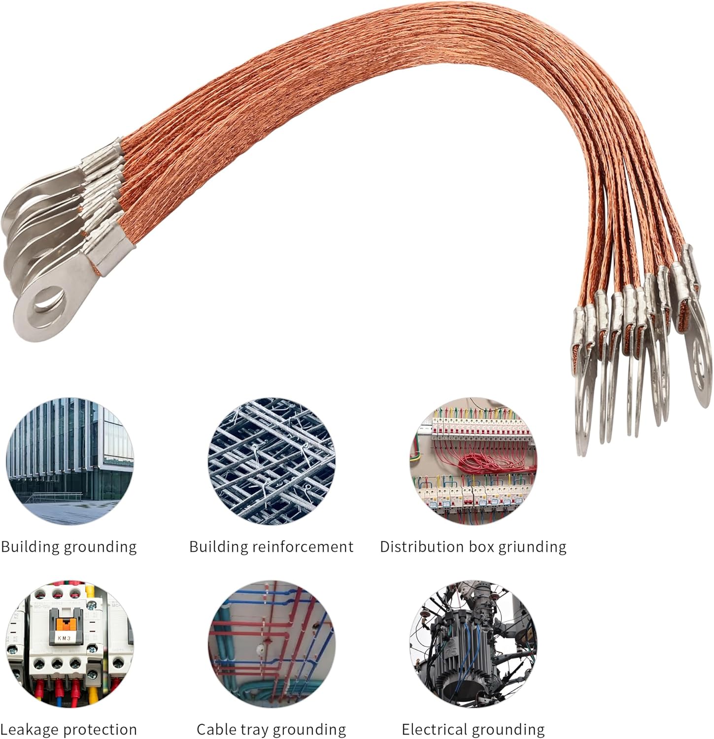 Paquete de 10 tiras de puesta a tierra de cobre para la conexión a tierra de bandejas de cables y cajas de distribución, 200 mm - 4