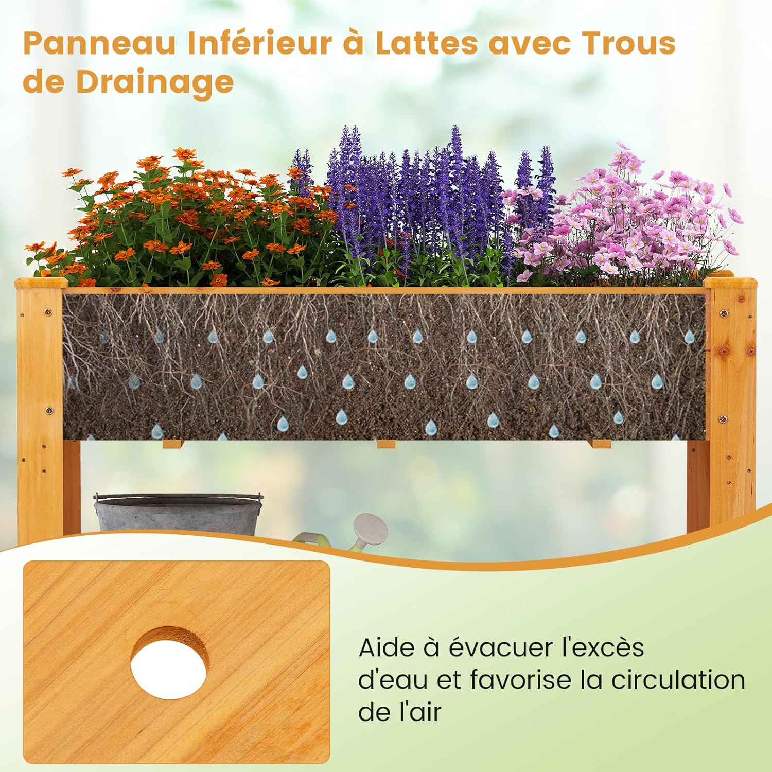 Jardinière Surélevé en Bois avec Trou de Drainage, Lit de Jardin avec Pieds et Étagère, Bac de Culture pour Plantes Fleurs Végétaux (Marron) - 4
