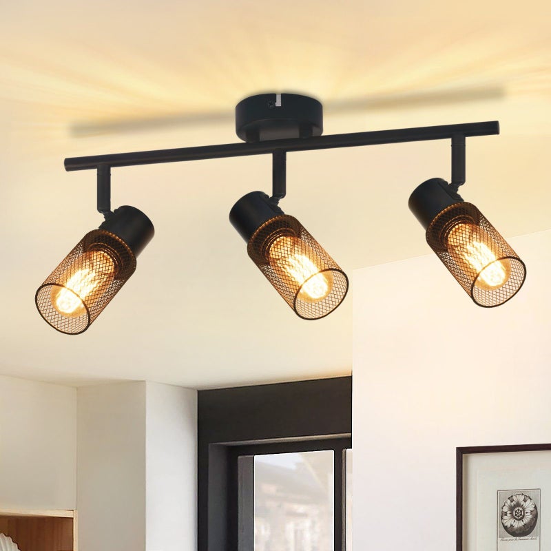 Nettlife Reflektorowa sufitowy 3-punktowy E27, obrotowy 330°, metalowy klosz, czarny, vintage, Max. 25W